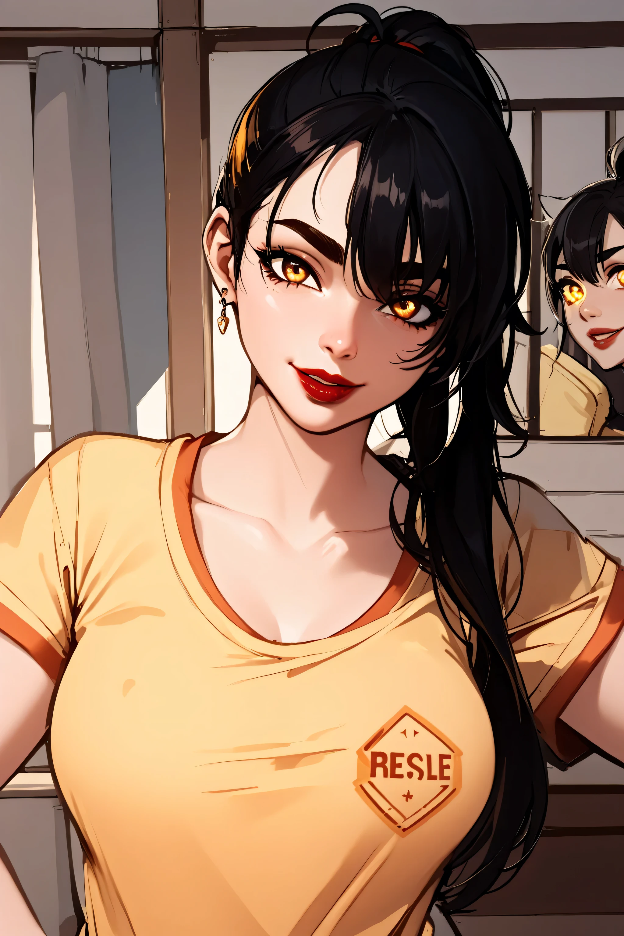 perfect face, glowing golden eyes, feminine, black hair, (side ponytail), medium hair, black thin eyebrows, brown eyes, nose, lips, red lips, smile, t-shirt, scoop t-shirt, yellow t-shirt, medium breasts, looking at viewer