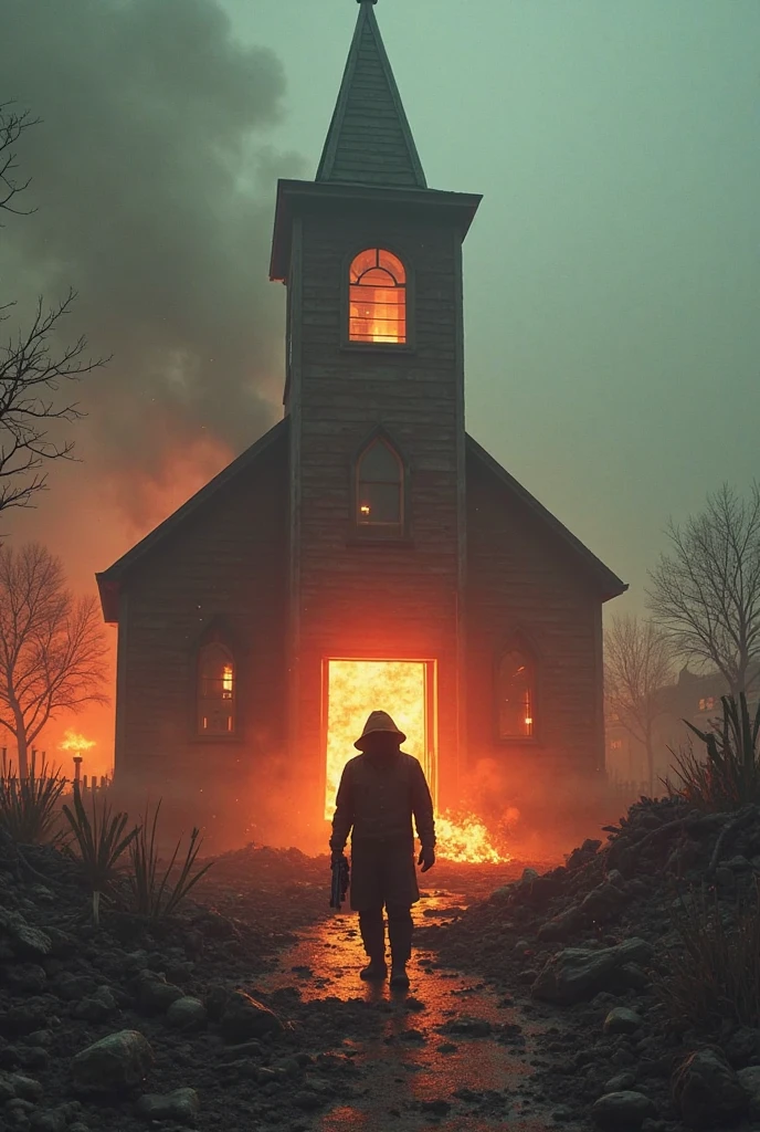 Church on fire with zombies around 