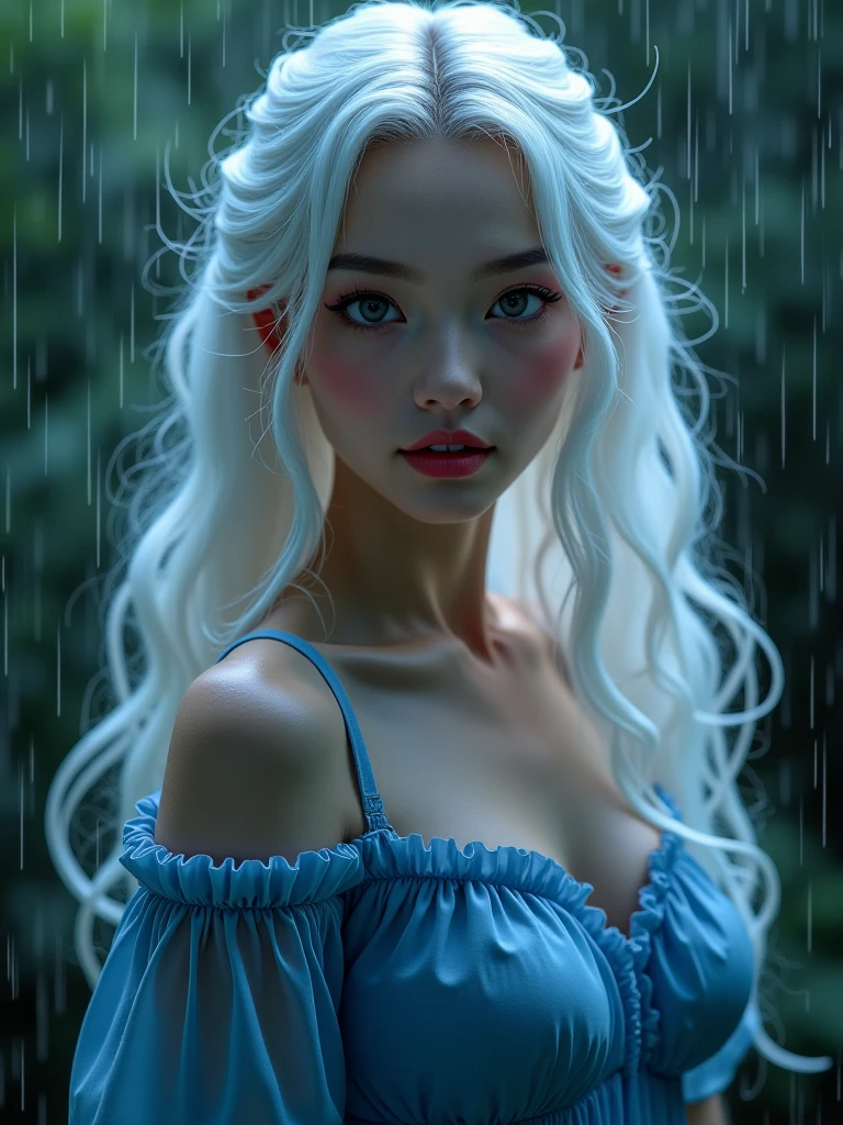 best quality,masterpiece,ultra high res,(photo realistic:1.4),1 girl,medium breasts,big blue eyes,silver hair,cute,young,posing,very long hair,flower,headband,looking at viewers,rain, wet, professional lighting, physically-based rendering,