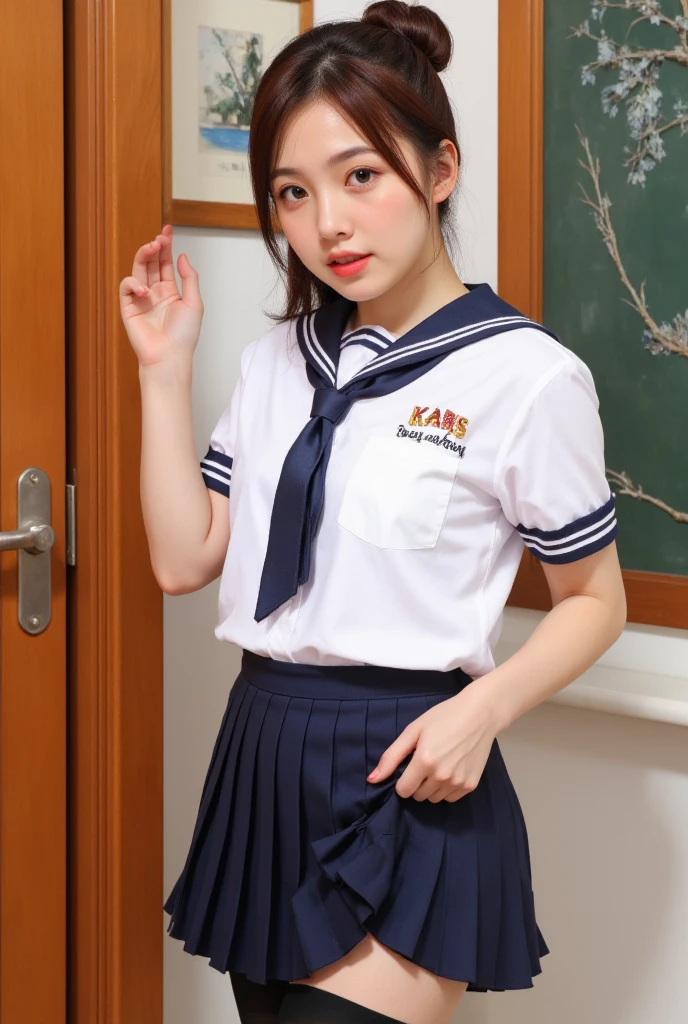 Japanese, high school girl, pure, brown eyes, smiling face, young face, long black hair, long straight black hair, white hairband, light blue and white short-sleeved sailor uniform, blue pleated skirt, black socks, blue shoes, school, hallway, standing in front of the toilet