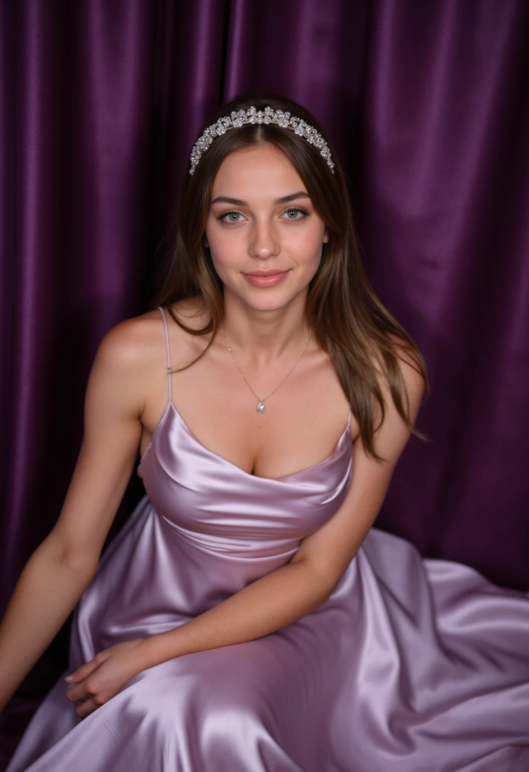 (highest quality,High resolution,In 4K), brown haired woman, young french woman,larger breasts、stylish dark purple dress,bright colors, porcelain skin, Big eyes, Cute smile showing white teeth, charming charm, At a resort, soft lighting, exquisite details,Stylish dark purple dress
