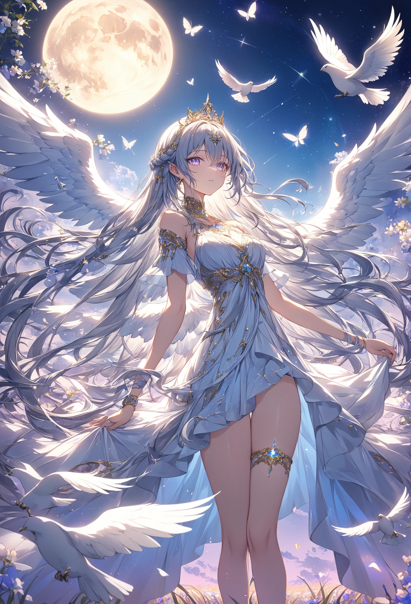 highest quality, Extremely detailed, beautiful, exquisite, 16k, Full HD, ((sleep)),(sleep in bed),disorganized,(flower garden,Please sleep on your side),((Sparkling and soft layered dress)),A large and beautiful dress inspired by rose flowers, Hanabubuki,The screen is surrounded by flowers,frills,Intricate billowing ball gown with rhinestones,(art station, fantasy art:1.2), pastel colour,((giant white angel wings:1.5))、gradient hair, long white hair, wavy hair,fluffy hair,tiara,anklet,purple eyes, long eyelashes, beautiful purple eyes,pale pink cheeks,golden hour, dazzling light, warm lighting,bright light,romantic light,1 female