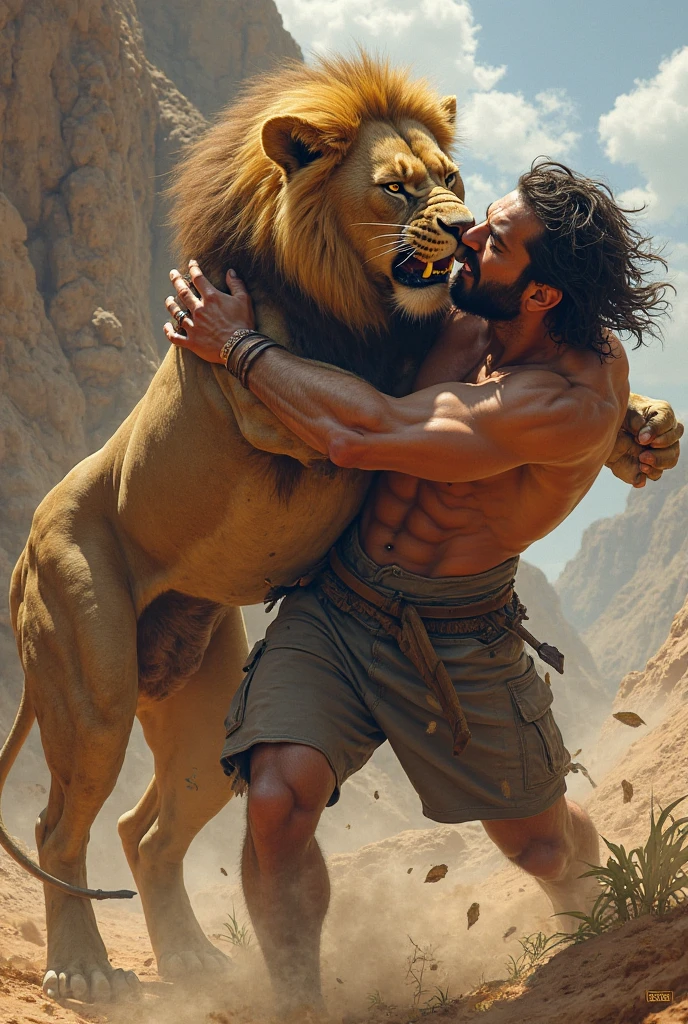 Samson is a character in the Bible, Samson is fighting a fierce Lion, Samson is very angry and strong, Samson has an expression of hatred, Leo has very sharp teeth and scary eyes, Samson beats the Lion, Maximum detail on your face, maximum detail on Samson's face maximum quality, More details about Samson's skin, full focus, Maximum quality improvement in each image, PICTURE REALISTIC, detailled image, Maximum realism, 16k image
