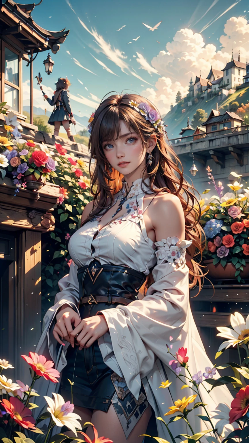 Depicts a beautiful woman with flowers in her hair、Highly detailed watercolor painting, The style of Alfons Maria Mucha and Gustav Kirmut, Art Nouveau accents, Fairy Princess, Anthropomorphic woman, Female figure, Detailed cover artwork, As the Flower Goddess, Alphonse Mucha, Gustav Klimt, Pale skin, Marble sculpture, society, Gothic art, Art Nouveau, Behance Contest Winner