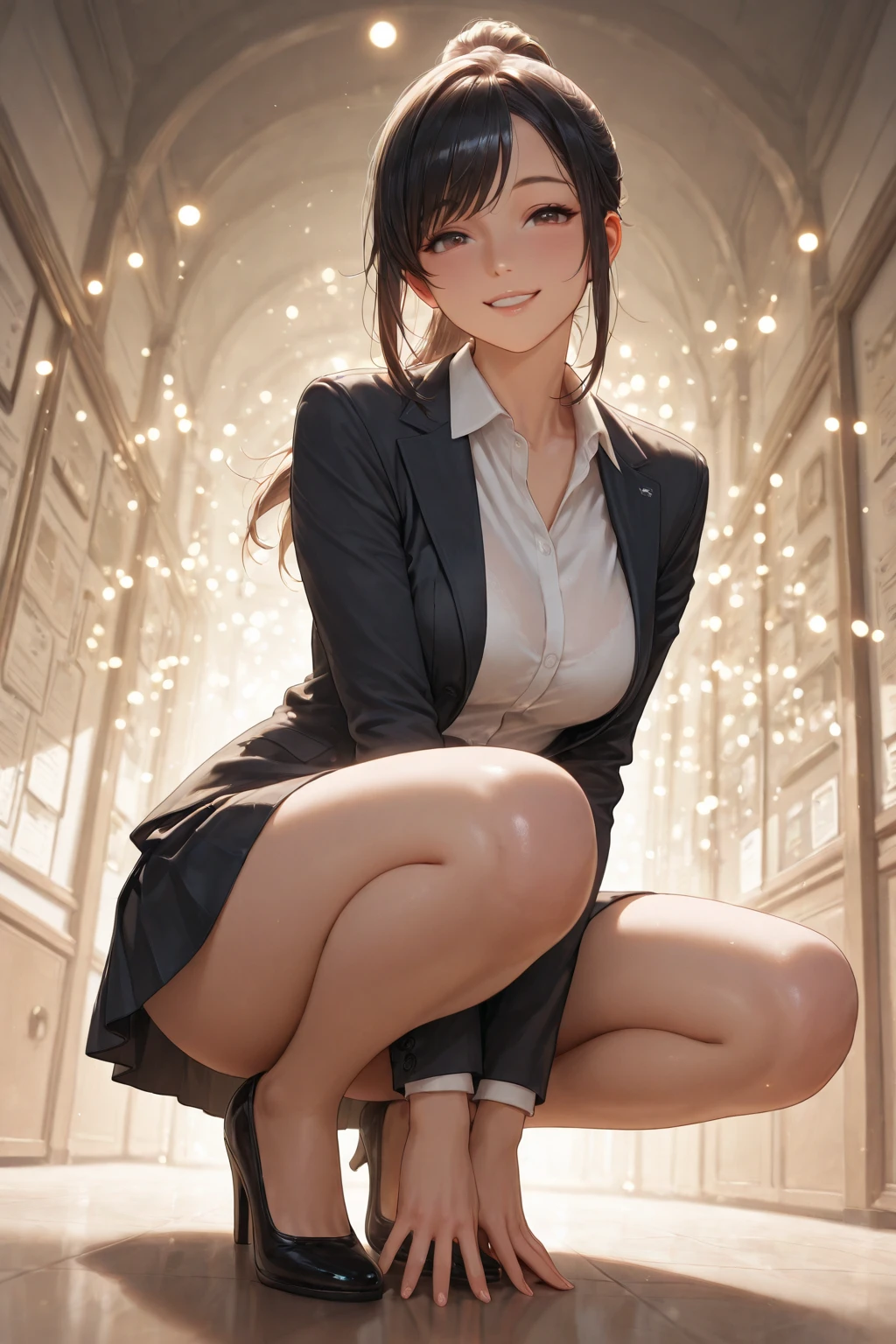 woman sitting on steps with her legs crossed and her hand on her chin, Smooth Anime CG Art, giantess art, Seductive Anime Girl, Fully clothed. painting of sexy, beautiful anime girl squatting, legs crossed, beautiful alluring anime woman, a hyperrealistic schoolgirl, crossed legs, massive legs towering over you, digital anime illustration, painted in anime painter studio