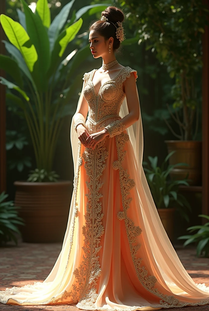 A stunning portrayal of Kadita, the beautiful and graceful princess with a proportional figure. She is the daughter of King Prabu Siliwangi from the Kingdom of Pakuan Pajajaran. Kadita is adorned in a luxurious traditional royal gown, with intricate golden patterns and soft flowing fabric. Her long, flowing hair and elegant posture enhance her royal appearance. She stands against a backdrop of the lush, majestic palace of Pakuan Pajajaran, with soft, natural lighting highlighting her serene and noble expression. The image is hyper-detailed, cinematic, ultra-sharp, 8K, and UHD.
