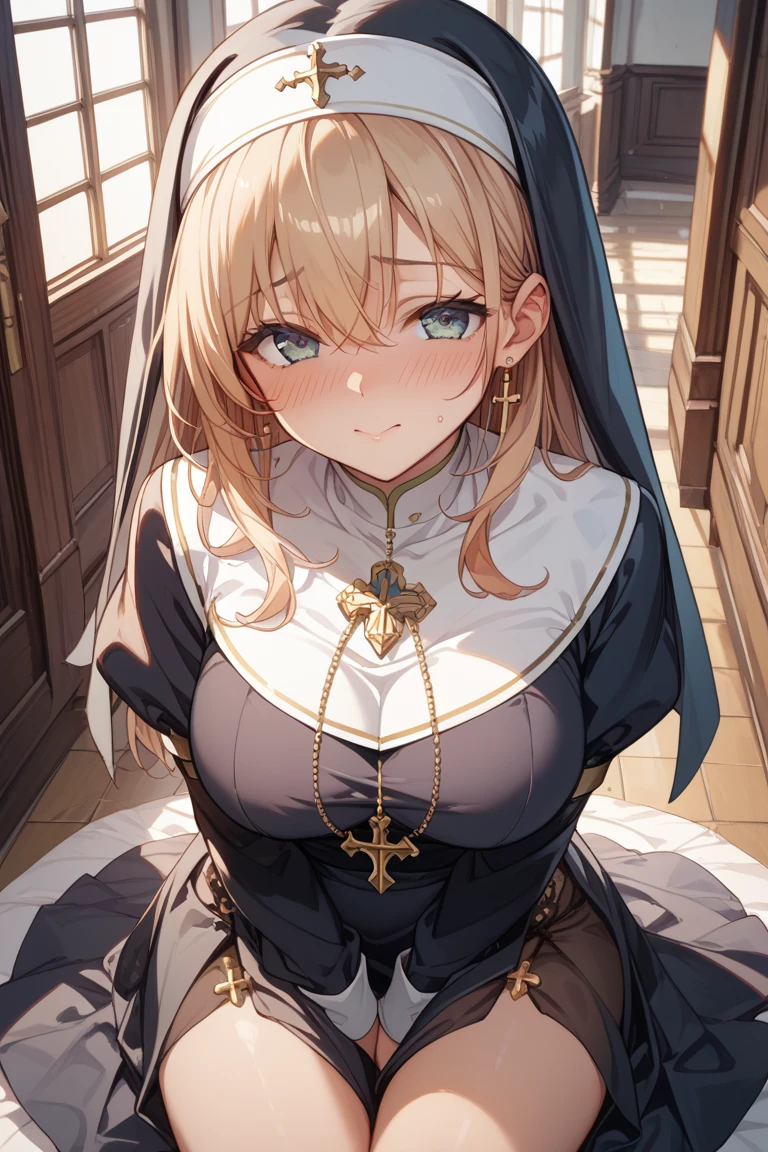 aponia, <lyco:aponia-lyco-nochekaiser:1>,
aponia, blue eyes, brown hair, hair between eyes, long hair,
BREAK black dress, dress, habit, long sleeves, nun, veil,
BREAK looking at viewer,
BREAK indoors, church,
BREAK <lyco:GoodHands-beta2:1>, (masterpiece:1.2), best quality, high resolution, unity 8k wallpaper, (illustration:0.8), (beautiful detailed eyes:1.6), extremely detailed face, perfect lighting, extremely detailed CG, (perfect hands, perfect anatomy),