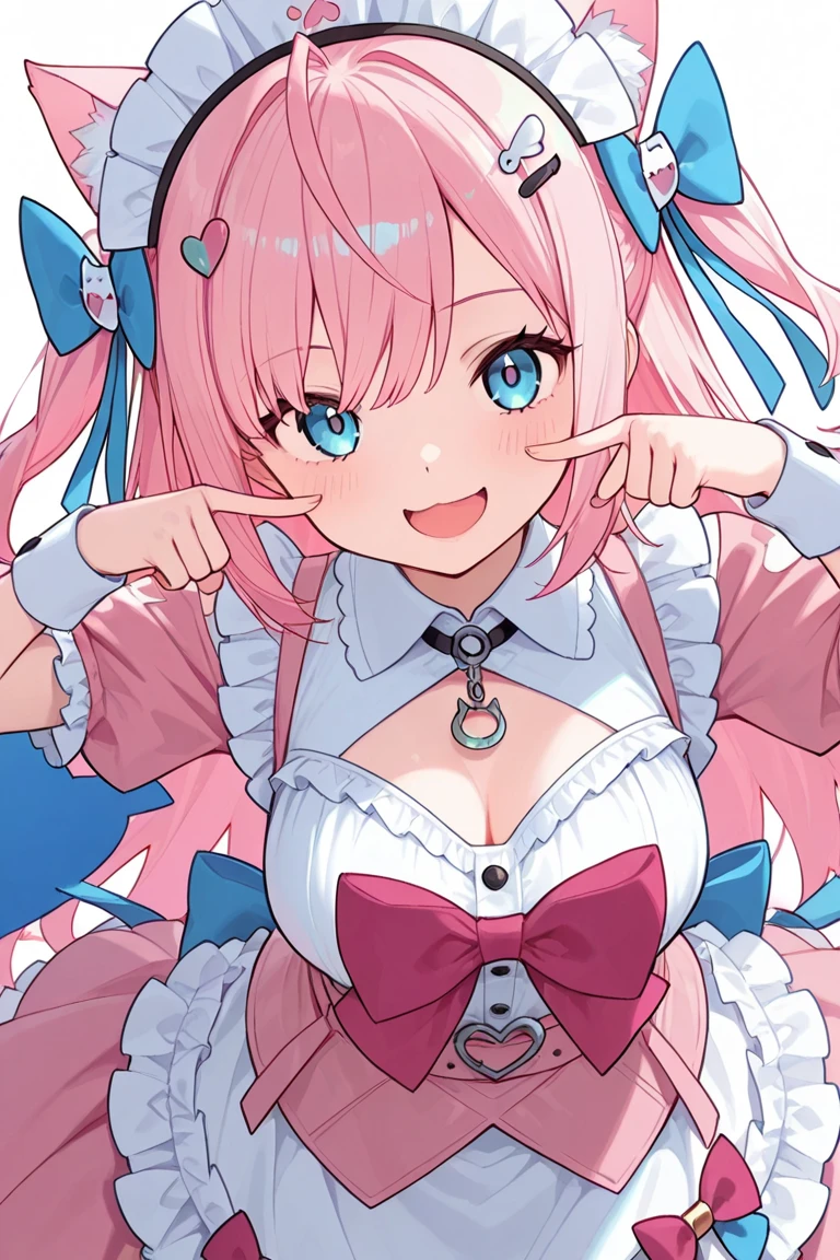 Cute girl, pink hair, blue eyes, hair bow, , big breasts, short blue skirt, shy