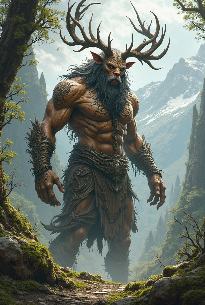 there is a painting of a man with a large horned head, tigre_fera, Senhor da Selva, large titan creature in the center, epic digital painting, lord of feras, pintura digital altamente detalhada, retrato pintado de Zeus robusto, um lobo minotauro, pintura digital do mito grego, Retrato Berserker, pintura de golias, forte e feroz