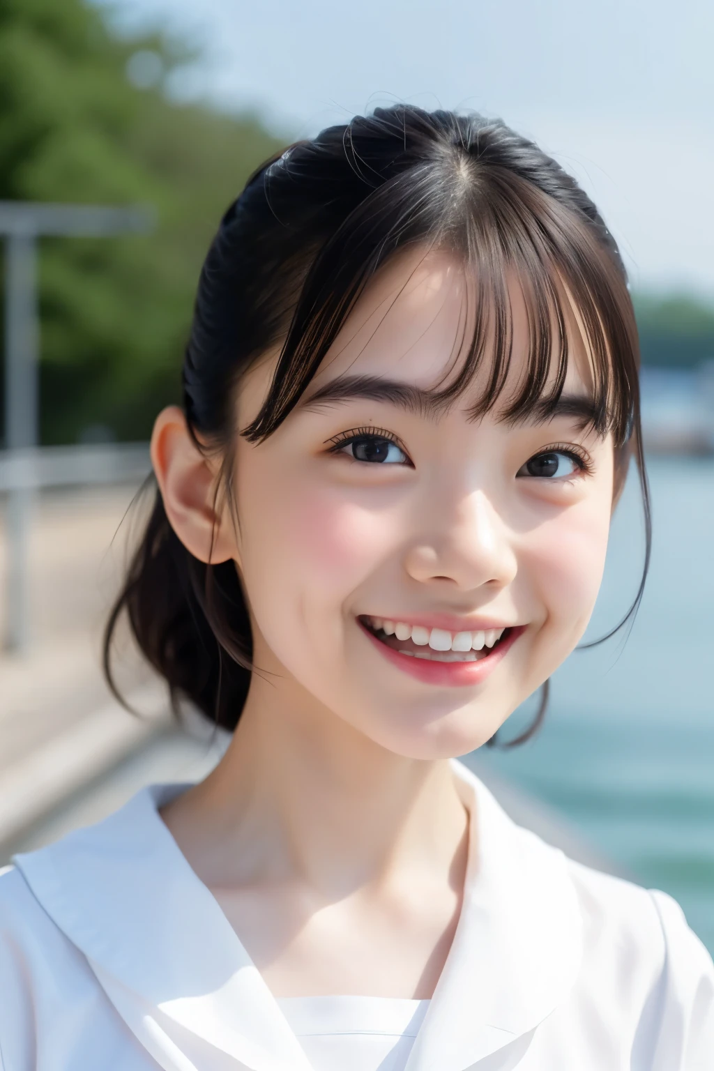 table top、(highest quality、4k、8k、High resolution、master piece: 1.2)、Super detailed、(real、photorealistic、photorealistic: 1.37)、full body shot、Complex and beautiful eyes、woman、twin tails、natural color lip、whiteTshirt、bold and sexy pose、smile、Ocean、20 year old girl、Cute and sexy shot looking at the camera。
