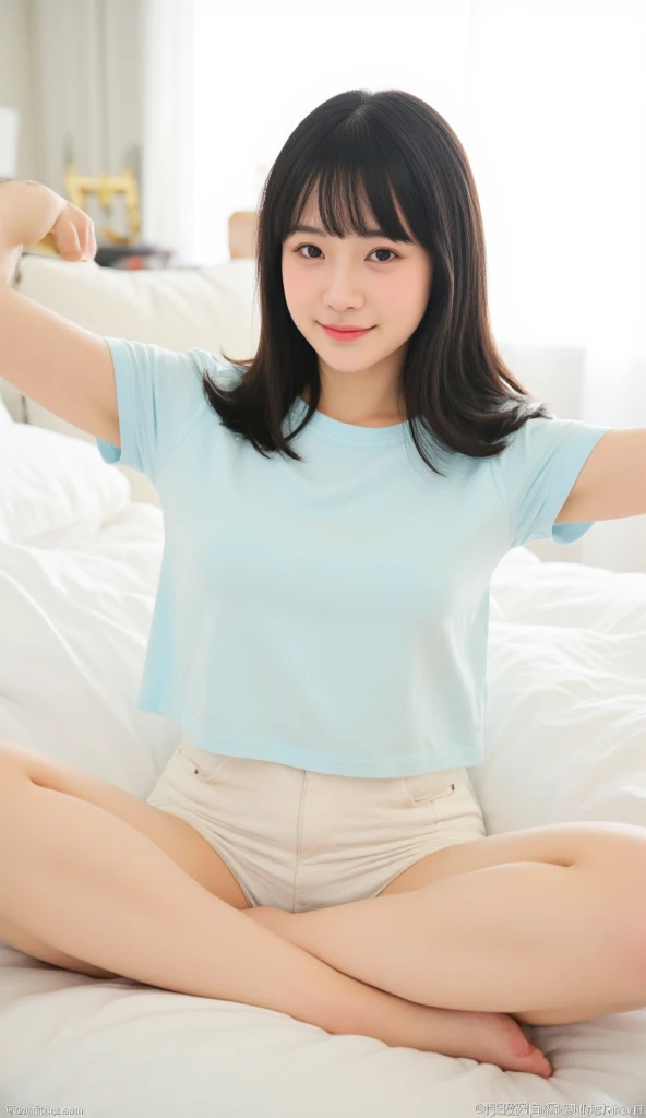 {Best Quality}、{Very aesthetic}、{Super fine}、{Best illustrations}、super high quality、girl1people、Casual clothing、skirt、Attractive thighs、Spread your legs wide、The chest is wide open、Pleasure face、Small breasts、smile、No underwear