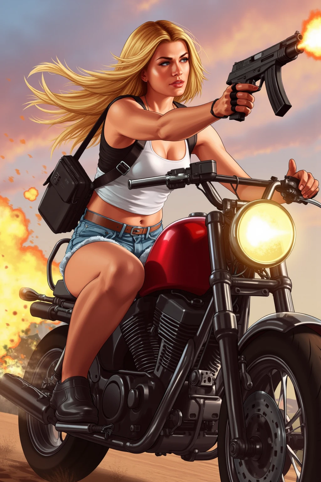 Arafed woman in bikini standing next to a truck with a gun, 2D Game Art GTA Cover, 2 D Game Art GTA Cover, cyberpunk 2 0 years. Oh chica modelo, GTA cargando arte de pantalla, synth wave art style ]!!, epic microwave art, James Gurney estilo de pintura, 2D Game Art GTA5 Cover, Detailed lighting and thunder..