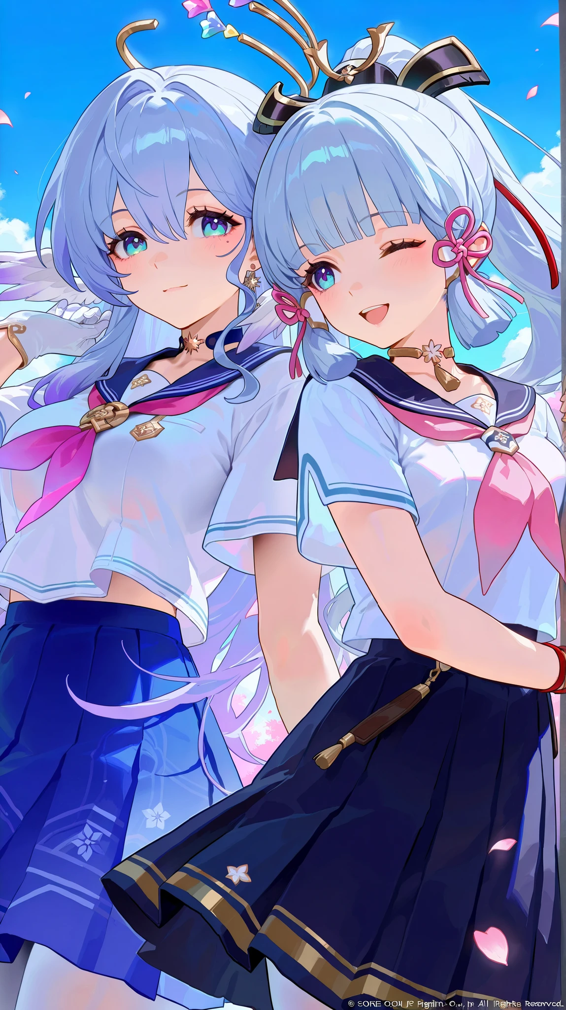 masterpiece, top quality, best quality, official art, beautiful and aesthetic:1.2),(8k, best quality, masterpiece:1.2), (((masterpiece))),(((best quality))),(((extremely detailed))), illustration, who, (masterpiece, top quality, best quality, official art, beautiful and aesthetic:1.2),(8k, best quality, masterpiece:1.2), robin_\(honkai:_star_rail\),head_wings,bare_shoulders,white_gloves,detached_sleeves,strapless_dress,white_dress,short_sleeves,white_pantyhose, ayaka kamisato, blunt bangs, blue eyes, blue hair, hair ornament, hair ribbon, hair tubes, long hair, ponytail, tress ribbon, white background, simple background, multiple girls, 2girls, wings, long hair, blue eyes, skirt, school uniform, blue hair, one eye closed, sailor collar, serafuku, gloves, smile, pink neckerchief, pleated skirt, short sleeves, cloud, neckerchief, open mouth, ponytail, hair ribbon, rainbow, shirt, sky, light blue hair, ribbon, white gloves, white shirt, blunt bangs, blue skirt, feathered wings, blue sky, mole, hair ornament, angel wings, midriff peek, breasts, hand up, ;d, halo, mole under eye, very long hair, petals, closed mouth, cowboy shot, hair between eyes, medium breasts, white wings, outdoors, head wings, tress ribbon, black skirt, pink ribbon