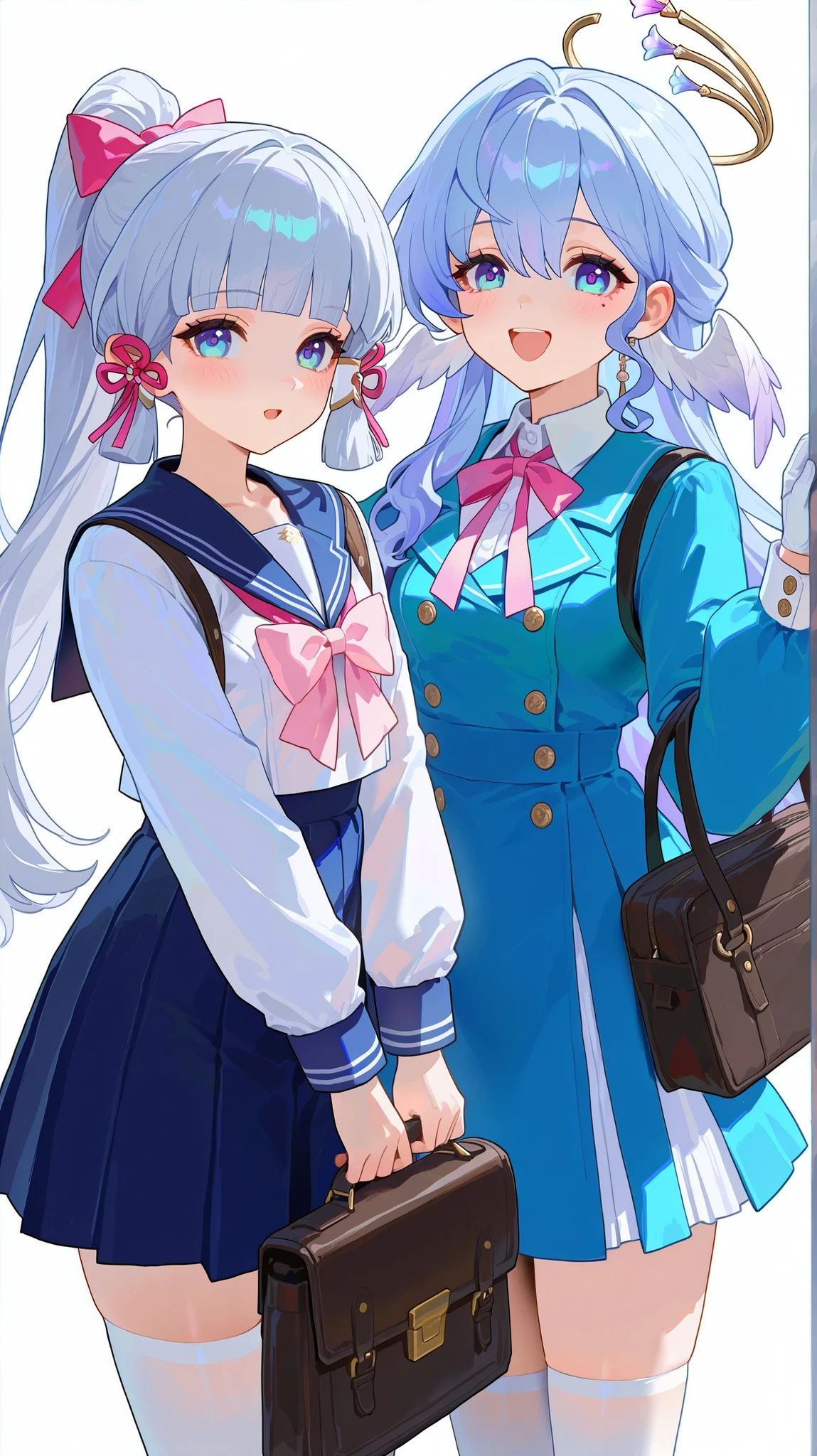 masterpiece, top quality, best quality, official art, beautiful and aesthetic:1.2),(8k, best quality, masterpiece:1.2), (((masterpiece))),(((best quality))),(((extremely detailed))), illustration, who, (masterpiece, top quality, best quality, official art, beautiful and aesthetic:1.2),(8k, best quality, masterpiece:1.2), robin_\(honkai:_star_rail\),head_wings,bare_shoulders,white_gloves,detached_sleeves,strapless_dress,white_dress,short_sleeves,white_pantyhose, ayaka kamisato, blunt bangs, blue eyes, blue hair, hair ornament, hair ribbon, hair tubes, long hair, ponytail, tress ribbon, white background, simple background, mole under eye, 2girls, multiple girls, blue eyes, sailor collar, mole, long sleeves, school uniform, long hair, skirt, shirt, holding, thighhighs, open mouth, bow, smile, bag, holding bag, white shirt, blue hair, looking at viewer, ponytail, white thighhighs, ribbon, pleated skirt, school bag, blush, serafuku, blue skirt, halo, bowtie, dress, black bag, light blue hair, pink bow, alternate costume, collared shirt, hair ribbon, blue sailor collar, hair bow, puffy long sleeves, hair ornament, grey hair, blue dress, puffy sleeves, :d, pink ribbon