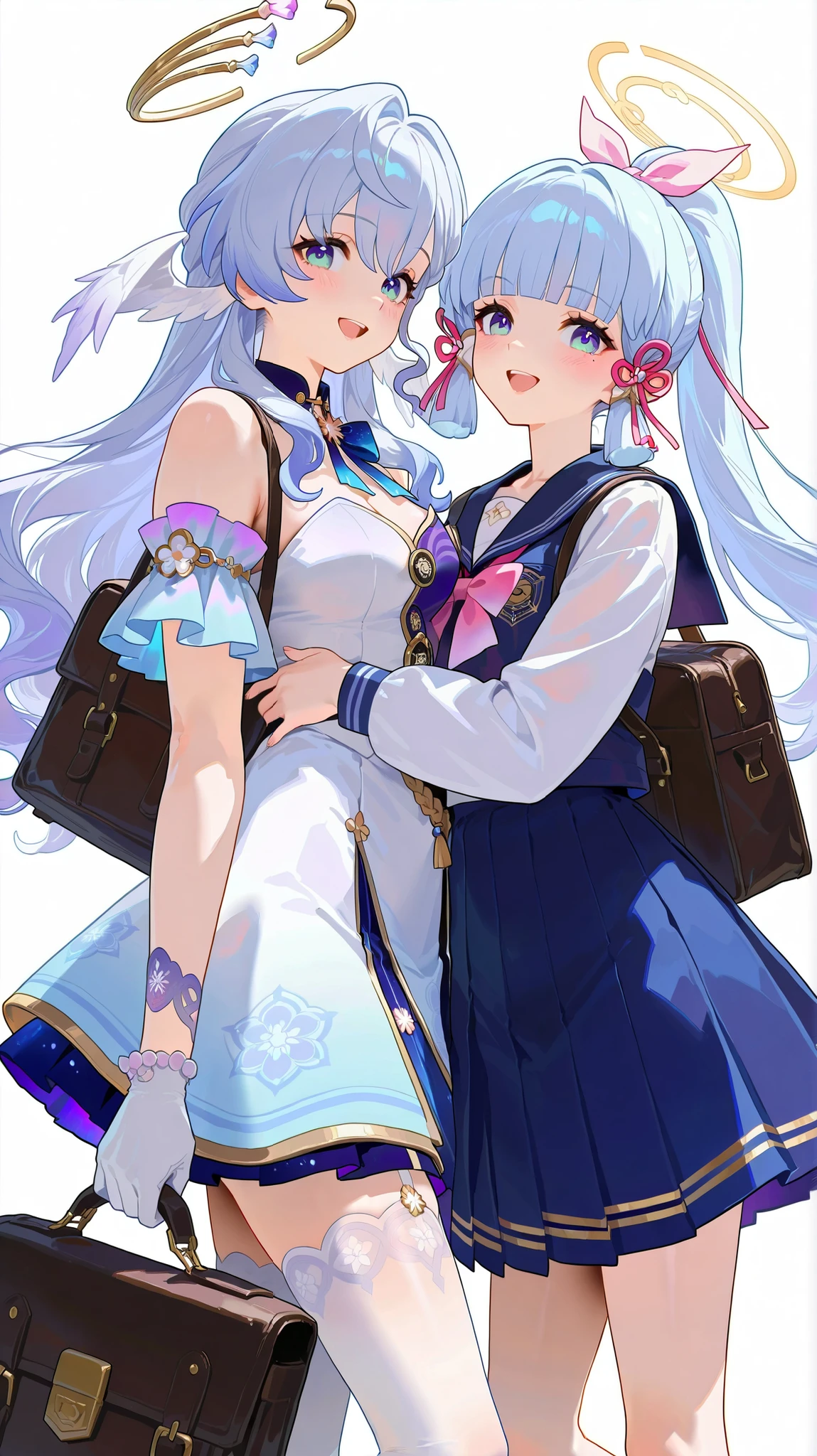 masterpiece, top quality, best quality, official art, beautiful and aesthetic:1.2),(8k, best quality, masterpiece:1.2), (((masterpiece))),(((best quality))),(((extremely detailed))), illustration, who, (masterpiece, top quality, best quality, official art, beautiful and aesthetic:1.2),(8k, best quality, masterpiece:1.2), robin_\(honkai:_star_rail\),head_wings,bare_shoulders,white_gloves,detached_sleeves,strapless_dress,white_dress,short_sleeves,white_pantyhose, ayaka kamisato, blunt bangs, blue eyes, blue hair, hair ornament, hair ribbon, hair tubes, long hair, ponytail, tress ribbon, white background, simple background, mole under eye, 2girls, multiple girls, blue eyes, sailor collar, mole, long sleeves, school uniform, long hair, skirt, shirt, holding, thighhighs, open mouth, bow, smile, bag, holding bag, white shirt, blue hair, looking at viewer, ponytail, white thighhighs, ribbon, pleated skirt, school bag, blush, serafuku, blue skirt, halo, bowtie, dress, black bag, light blue hair, pink bow, alternate costume, collared shirt, hair ribbon, blue sailor collar, hair bow, puffy long sleeves, hair ornament, grey hair, blue dress, puffy sleeves, :d, pink ribbon