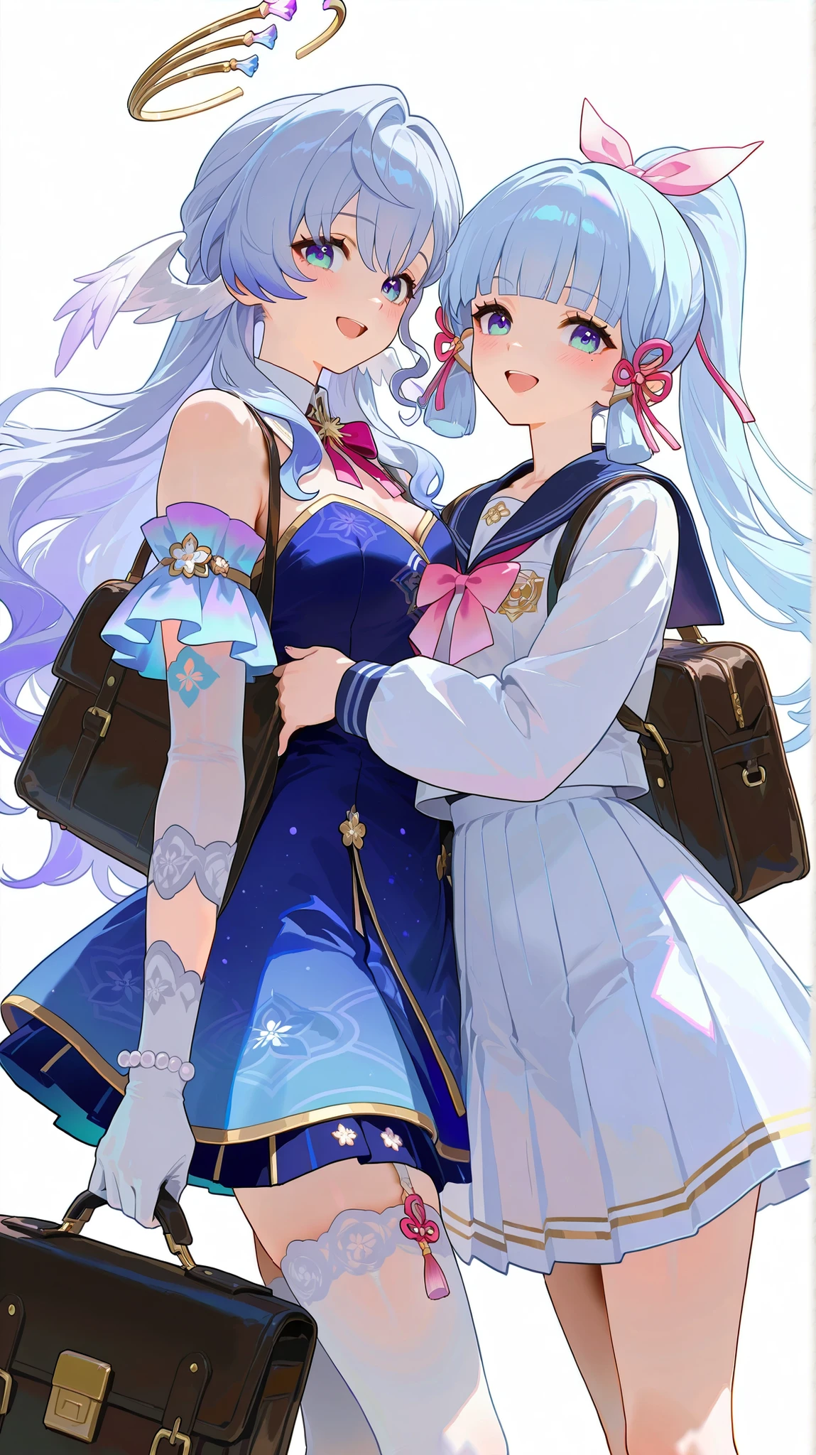 masterpiece, top quality, best quality, official art, beautiful and aesthetic:1.2),(8k, best quality, masterpiece:1.2), (((masterpiece))),(((best quality))),(((extremely detailed))), illustration, who, (masterpiece, top quality, best quality, official art, beautiful and aesthetic:1.2),(8k, best quality, masterpiece:1.2), robin_\(honkai:_star_rail\),head_wings,bare_shoulders,white_gloves,detached_sleeves,strapless_dress,white_dress,short_sleeves,white_pantyhose, ayaka kamisato, blunt bangs, blue eyes, blue hair, hair ornament, hair ribbon, hair tubes, long hair, ponytail, tress ribbon, white background, simple background, mole under eye, 2girls, multiple girls, blue eyes, sailor collar, mole, long sleeves, school uniform, long hair, skirt, shirt, holding, thighhighs, open mouth, bow, smile, bag, holding bag, white shirt, blue hair, looking at viewer, ponytail, white thighhighs, ribbon, pleated skirt, school bag, blush, serafuku, blue skirt, halo, bowtie, dress, black bag, light blue hair, pink bow, alternate costume, collared shirt, hair ribbon, blue sailor collar, hair bow, puffy long sleeves, hair ornament, grey hair, blue dress, puffy sleeves, :d, pink ribbon
