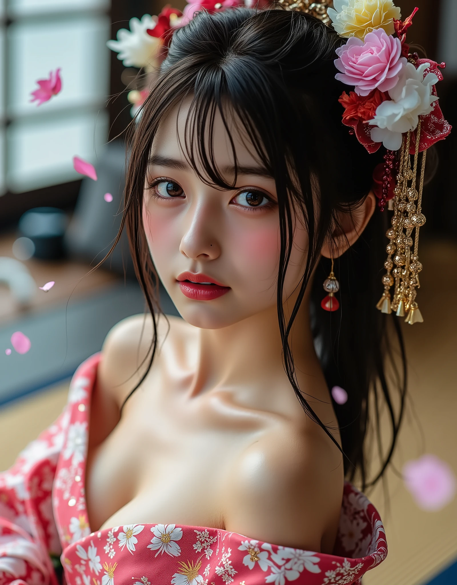 (best quality,4k,8k,highres,masterpiece:1.2),ultra-detailed,(realistic,photorealistic,photo-realistic:1.37),Japanese geisha adorned with intricate wabori tattoos, porcelain skin as a vibrant canvas, bold lines, vibrant colors, traditional kimono, elegant hair accessories, delicate fan, vibrant cherry blossom background, soft natural lighting, traditional Japanese art style