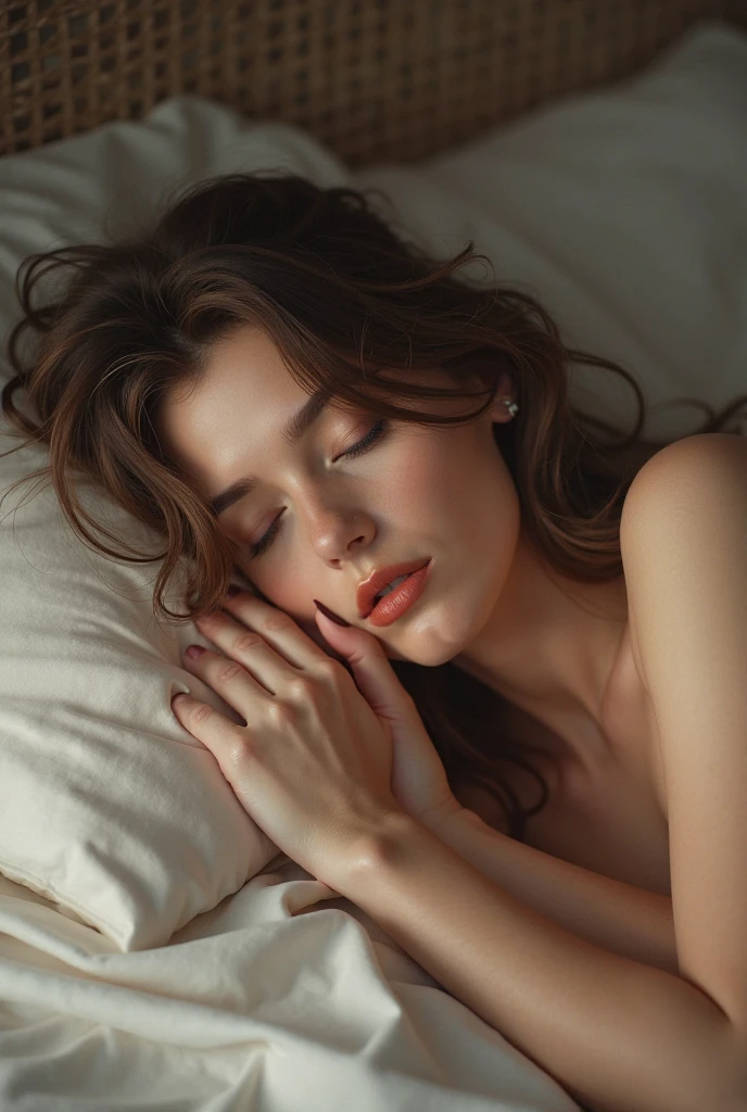 (Cinematic Photo:1.3) of (Ultrarealistic:1.3),(Lustful:1.3) Woman, <lora:SleePeace2:1> sleepeace, sleeping,Highly Detailed, RAW candid cinema, 16mm, color graded portra 400 film, remarkable color, ultra realistic, textured skin, remarkable detailed pupils, realistic dull skin noise, visible skin detail, skin fuzz, dry skin, shot with cinematic camera