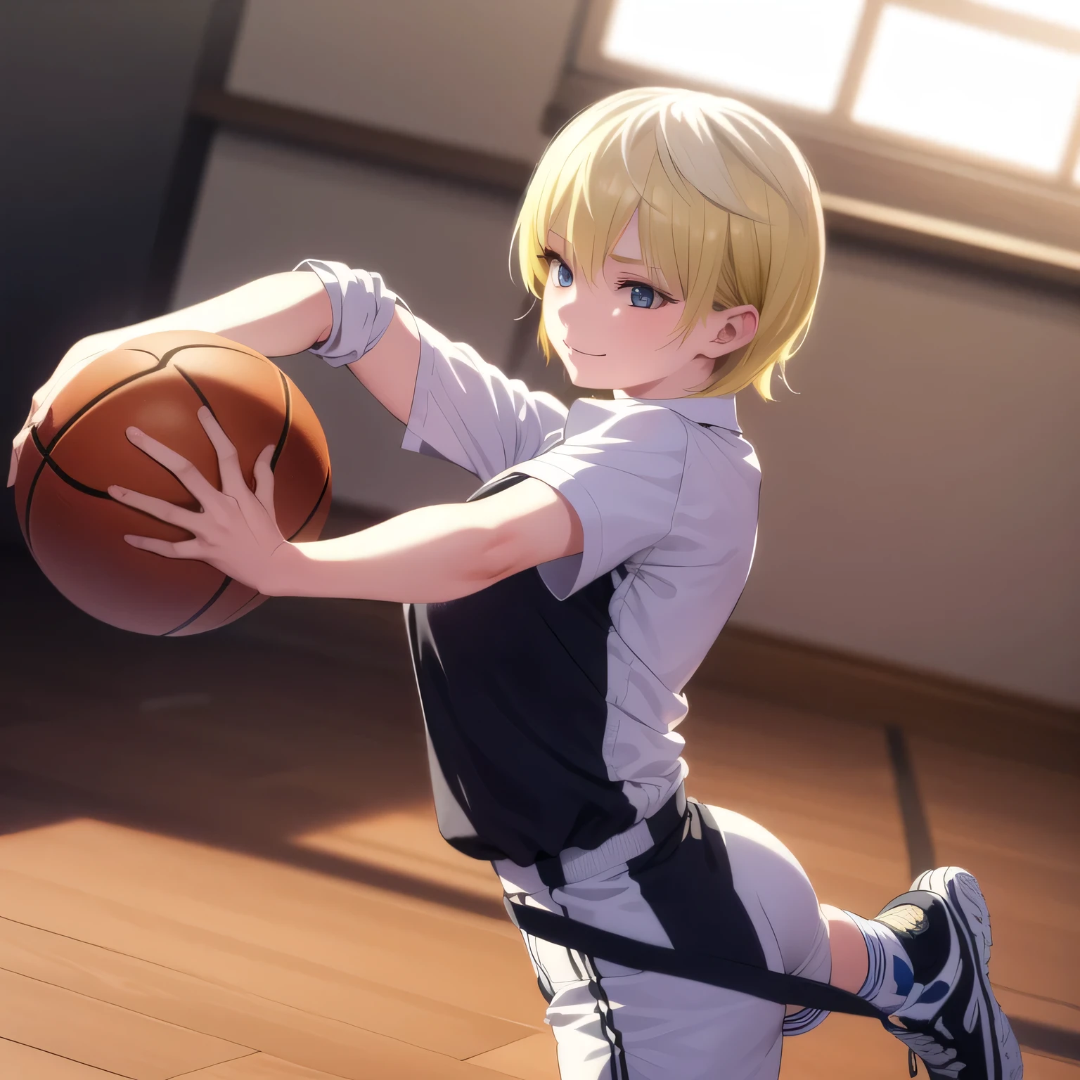 A young female basketball player executes a dynamic jump shot with precision and grace. She holds the basketball firmly in both hands, her form exuding confidence and skill. Her slim-fit uniform highlights her athletic build, while black high socks and matching sneakers create a sleek, modern look. Her neatly braided black hair arcs through the air as she leaps, her intense black eyes fixed on the goal. The polished wooden floor of the brightly lit gymnasium reflects the action, emphasizing the energy and competitive spirit of the moment.A 20-year-old woman smiles gently, friendly. (RAW photos, top quality), (realistic, photo-realistic:1.4), masterpiece, extremely delicate and beautiful, highly detailed, 2k wallpaper, ultra-detailed CG unity 8k wallpaper, ultra detail, high res, soft light, beautifully detailed girl looking back, extremely detailed eyes and face, beautifully detailed nose, cinematic lighting, perfect anatomy, slender body. Short hair, blonde hair, blue eyes.