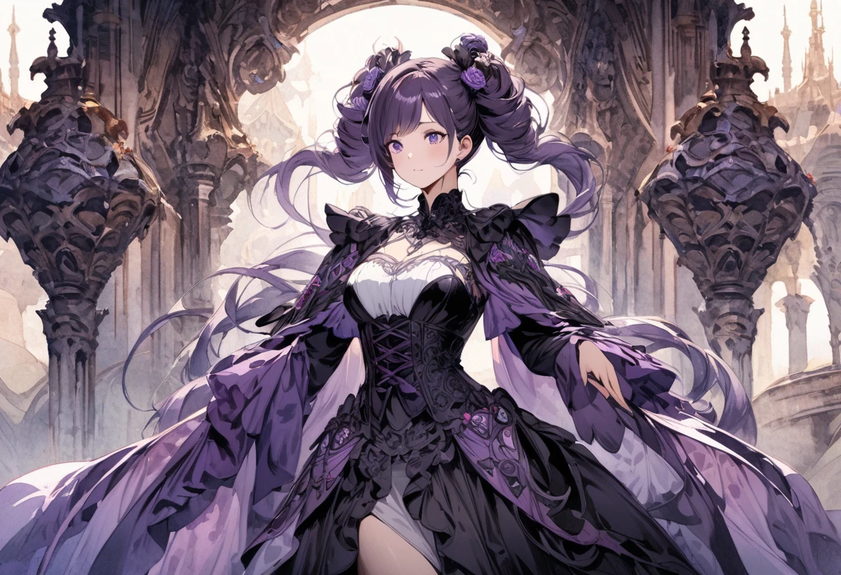 (masterpiece, top quality, best quality, official art:1.2, detailed:1.2)(original design:1.3),(consistent outfit:1.2), 1girl, (half body), simple background, solo,fantasy, (masterpiece), best quality, expressive eyes, perfect face, (dynamic pose), (full body), adult, dark red ombre hair, (short fluffy hair), ((purple eyes)), ((royal clothing)), (graceful), dress, gloves, lace, intricate clothing, ornate clothing, (makeup), ((hime bangs)),
