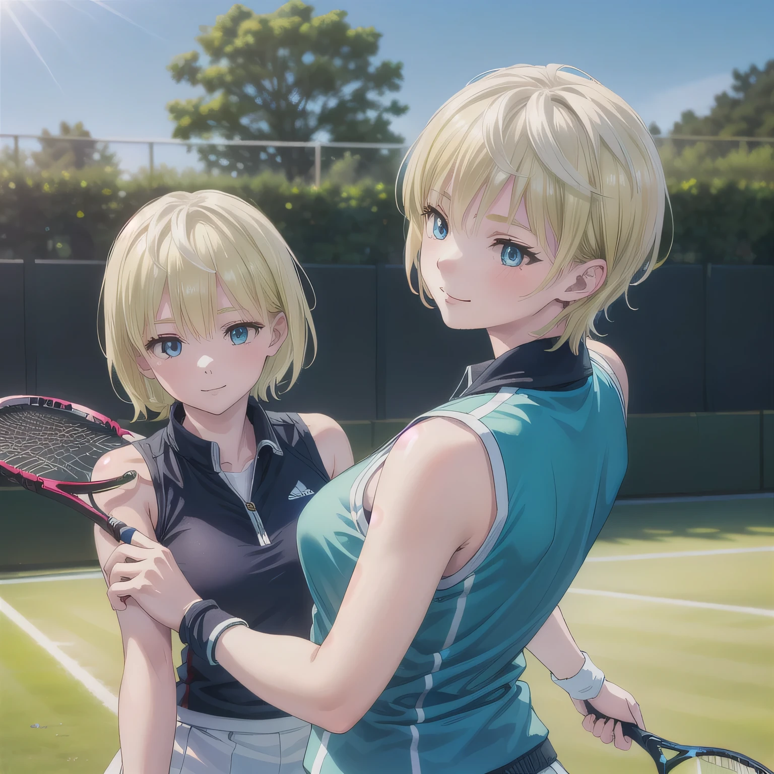 A young female tennis player in a sleek blue outfit stands ready, gripping her racket with both hands in a poised stance. Sunlight accentuates the crisp lines of her attire and the polished strings of the racket. Her determined gaze locks onto an unseen opponent, exuding confidence and focus. The lush green grass of the tennis court stretches into the distance under a clear blue sky. This dynamic scene blends elegance, power, and athleticism, capturing her readiness to strike with precision and grace.A 20-year-old woman smiles gently, friendly. (RAW photos, top quality), (realistic, photo-realistic:1.4), masterpiece, extremely delicate and beautiful, highly detailed, 2k wallpaper, ultra-detailed CG unity 8k wallpaper, ultra detail, high res, soft light, beautifully detailed girl looking back, extremely detailed eyes and face, beautifully detailed nose, cinematic lighting, perfect anatomy, slender body. Short hair, blonde hair, blue eyes.