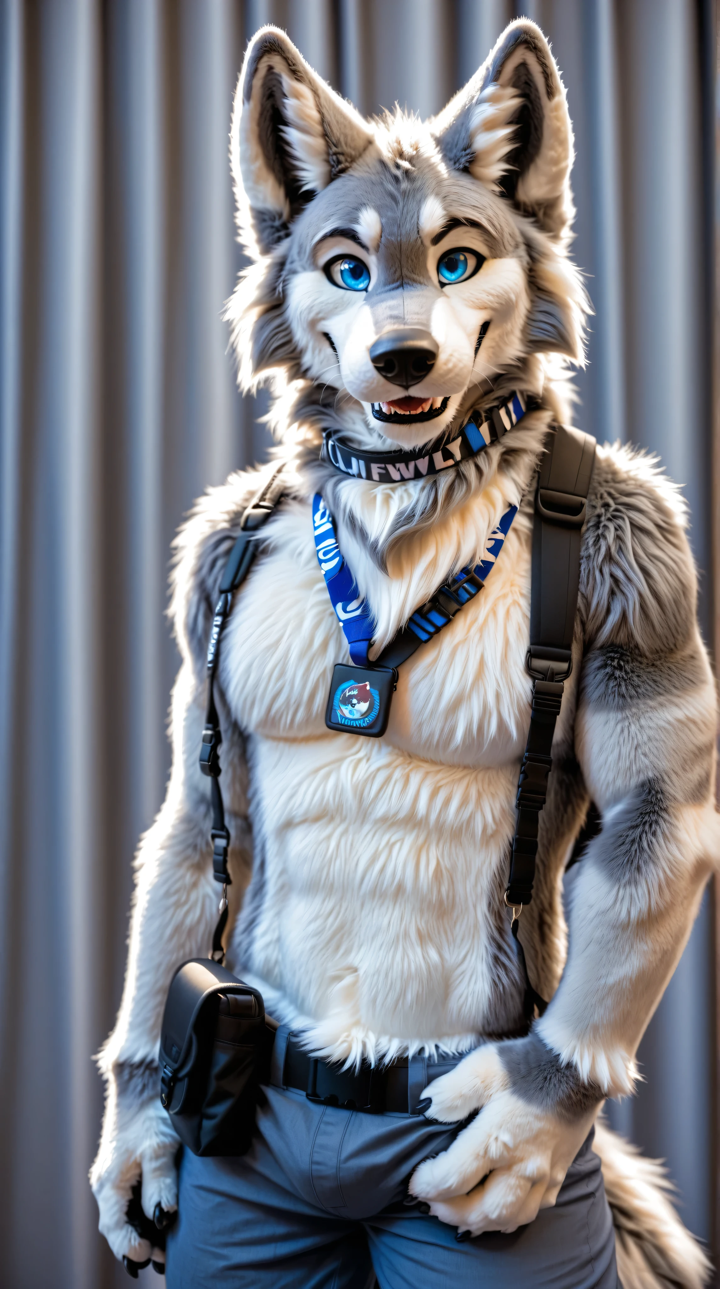 full body, fursuit, male, grey, grey limbs wolf, blue eyes, lanyard around neck, black fanny pack, furry convention background 