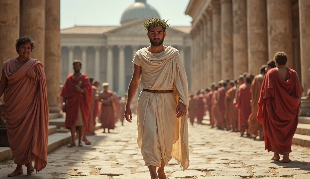 a messenger delivering a message in ancient Rome, Rome 30 BC, highly detailed, cinematic, digital art, photorealistic, (best quality, 4k, 8k, highres, masterpiece:1.2), ultra-detailed, (realistic, photorealistic, photo-realistic:1.37), intricate details, exquisite details, incredible details, masterfully painted, vibrant colors, dramatic lighting, dramatic shadows, warm lighting, historical, classical architecture, cobblestone streets, togas, laurel wreaths, roman empire, ancient civilization, scroll, parchment, quill, historical accuracy