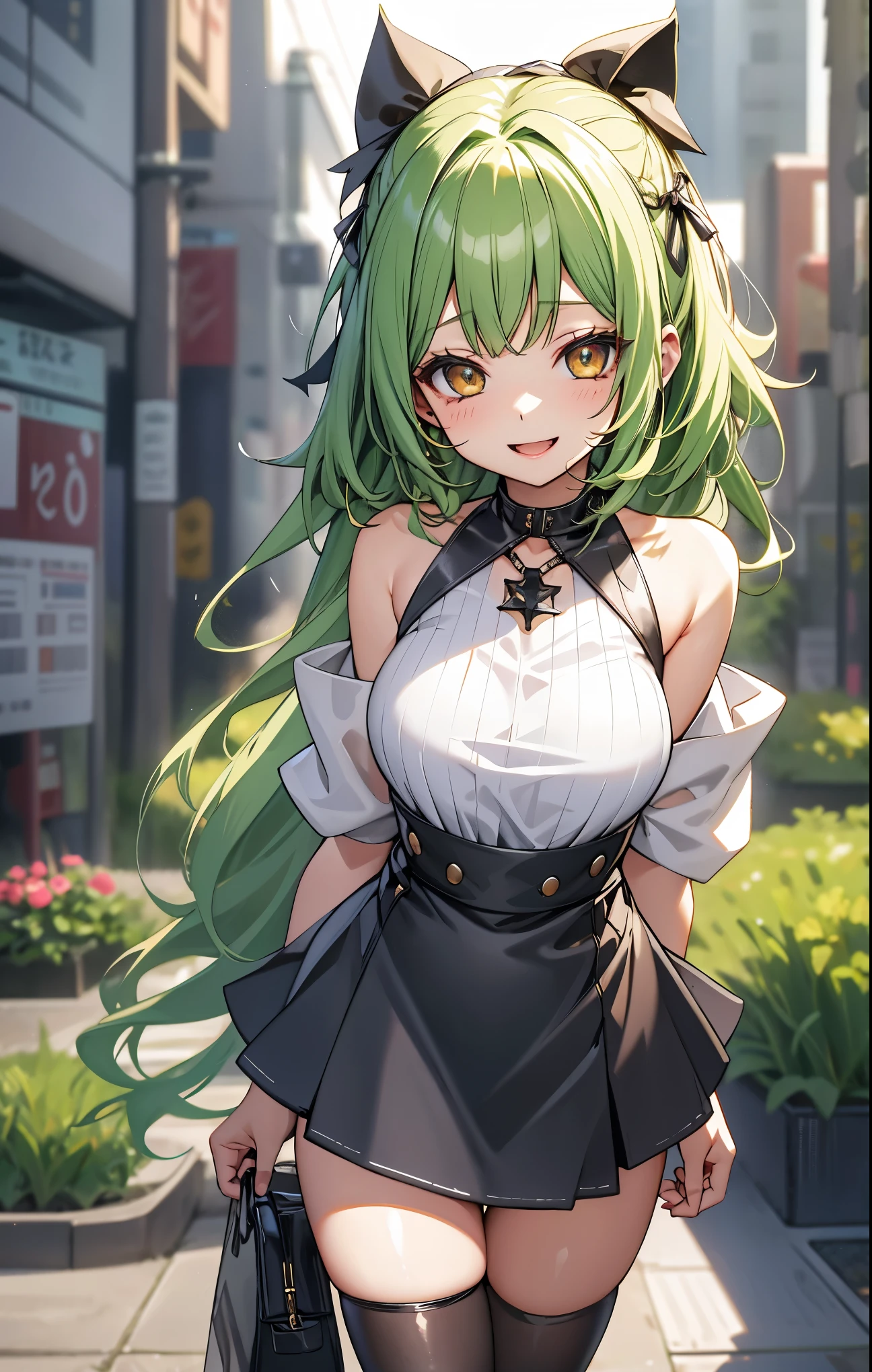 Mitsuri (Demon Slayer) , long hair, bangs, blonde hair, hair between eyes, (green eyes:1.5), ponytail, colorful hair, Scrunchie, High ponytail, Lipstick, gal, Kogal, compensate,break skirt, shirt, jewelry, , clavicle, white shirt, pleated skirt, collared shirt, mini skirt, bracelet, green skirt,naughty big breasts、big and full breasts、break looking at viewer, whole body,break (table top:1.2), highest quality, High resolution, unity 8k wallpaper, (figure:0.8), (beautiful and fine eyes:1.6), highly detailed face, perfect lighting, Highly detailed CG, (perfect hands, perfect anatomy),smile with open mouth、(skirt lift:1.3), (panties:1.3)、(skirt that rolls up:1.3)、(fully exposed panties:1.5)、outdoor、outside the house、Arms crossed in front of you,hanging a bag from one&#39;s shoulder