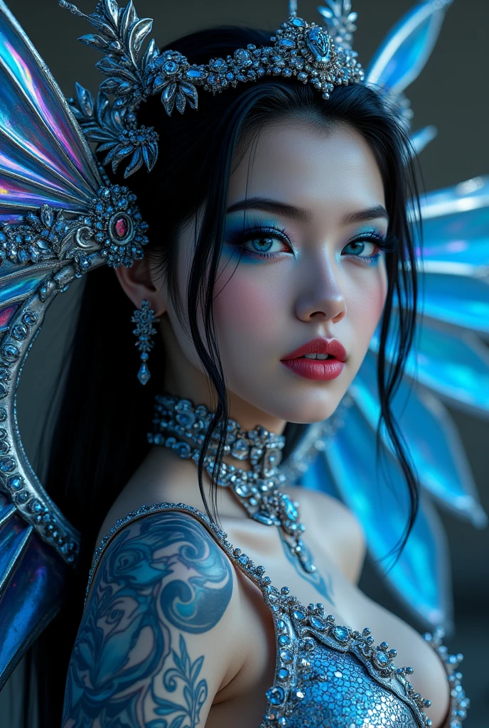 intricately detailed masterpiece  in 32k, UHD, scene contains a 25 year old anime manga male vampire with pale skin, piercings, visibly tattooed with floral designs, fangs, holding a 20-year-old male knight appearing to bite into his neck, giving an impression of a dark fantasy atmosphere, beautiful and gorgeous adorned in glowing rune-covered silver/red demonpunk armor, reflective mirror surface, with shining three-dimensional effect, long dark hair billowing in the wind, ultramarine eyes, well-shaped lips, commanding a tight embrace, capturing the aesthetic of masculine form ,ultra detailed fairy elven city in the background, RPG gaming, bright neon celestial eyes, bright glowing bioluminescent, dark fantasy, intricate details, super mirror reflection, masterpiece, 32k,