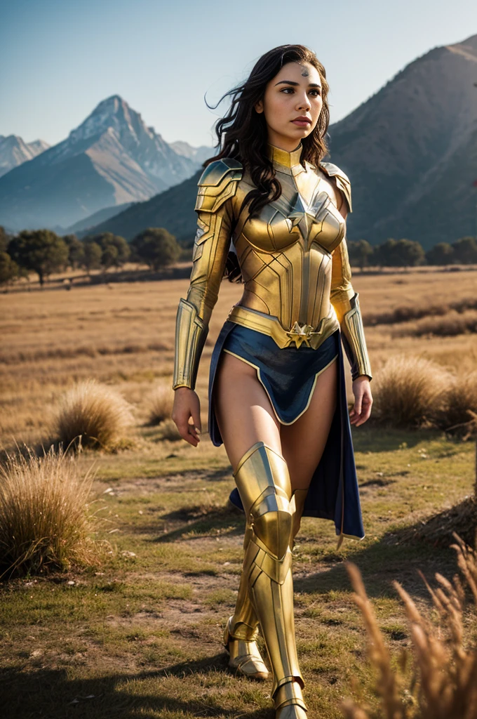 A hyper realistic superhero from Brazil with traditionally Brazilian features with armor and a background with a Brazilian landscape