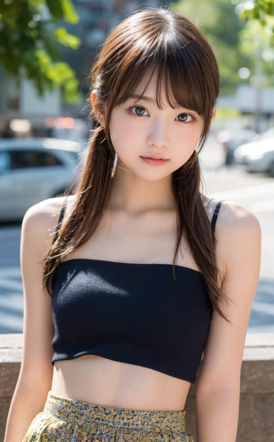 (best quality, 8k, 32k, masterpiece, UHD:1.2), ultra high resolution, (pretty a Korean early teen girl), 13 years old, long brown hair, bangs, (wearing dark purple tank-top), crowded city street, (detailed background:1.5)