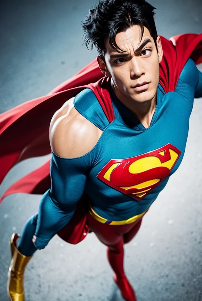 best quality, ultra high res, photo,realistic, detailed background,mature male,superman blue cotton union suit,(red thong:1.5),blue skin tights pants,nipple,black hair,age 30,perfect face, super handsome face, perfect face, clean face,black hair,(expression of pain:1.1),torn clothes,(cum dripping out of:0.9),body hair,red superman leather boots,yellow belt,belly,bulge,(Unconscious:1.6),eye close,standing in street,red cloak