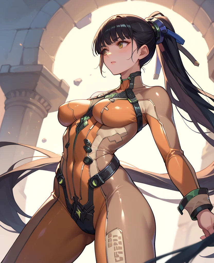 Red-brown hair,long,Wavy Hair,Green Eyes,Big eyes,Slanted Eyes,Beauty,Very large breasts,Erect nipples,Small waist,Big Ass,Fair skin,Shaped like a super high-cut one-piece swimsuit,There is a draft on the waist area,Metal gauntlets with thimbles that can be attached to a chain at the wrist,ひざ部分に金属装甲のlongブーツ,Thin tights on the thighs,Mace,