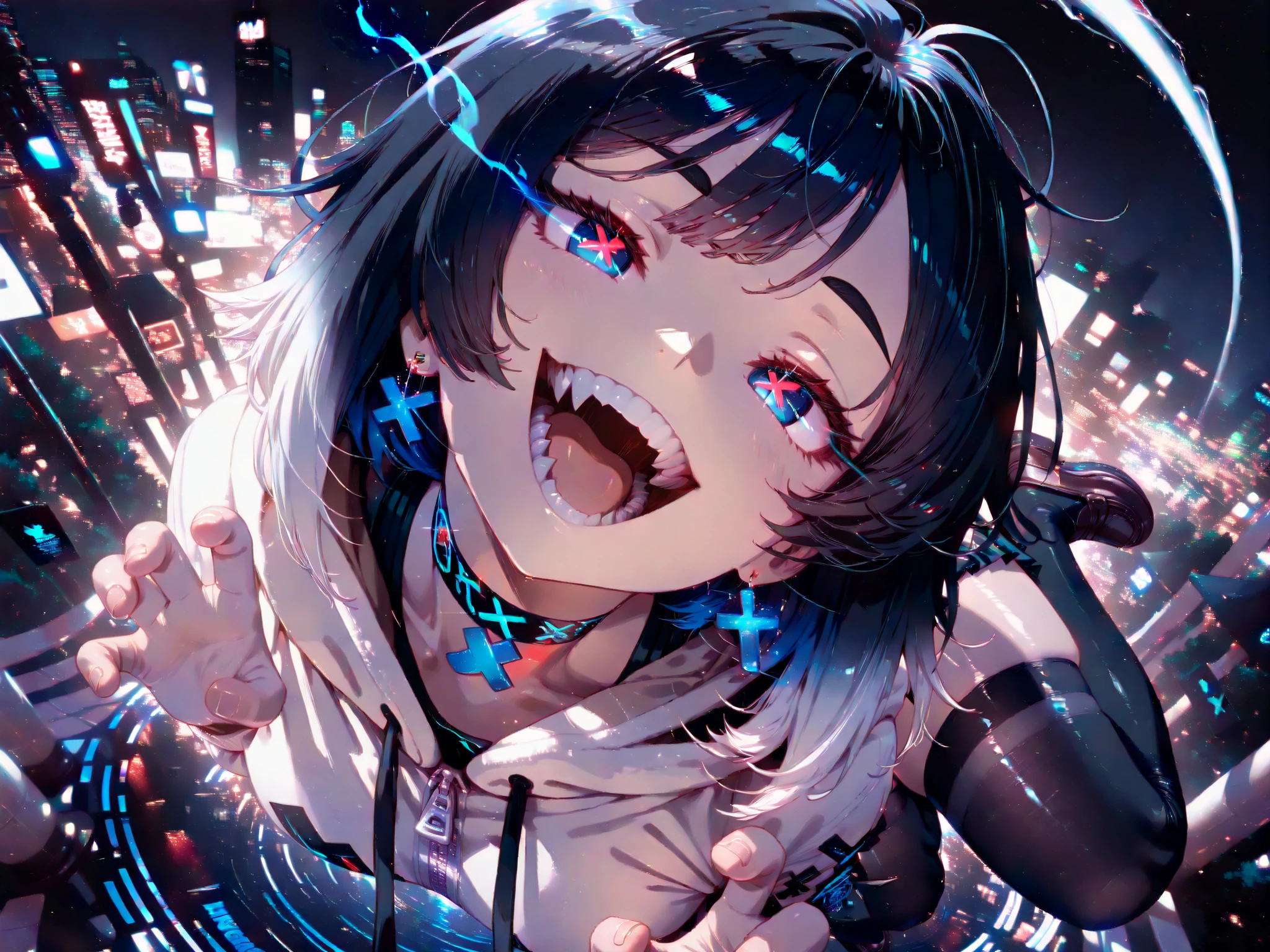 angle from above、fish eye lens、close up mouth,(full body) 、1 girl、(Shift the focus of the background)、((tokyo night))、city,colorful sign、jump、legs、claw pose、look up、blue eyes,((X shape pupils)),((eye trail)), small head 、Medium breast、thigh、((tall))、medium hair、((black hair))、((white gradient hair))、jagged teeth、(((open your mouth wide))),smile、((white open zipper oversized hoodie red blue black))、black oversized camisole、choker、(((black thighhighs、 zettairyouiki )))、small earrings、loafers、see here、thin line art、finished product、Delicate line drawing
,masterpiece,top quality,great quality,highly detailed eyes,hard edge