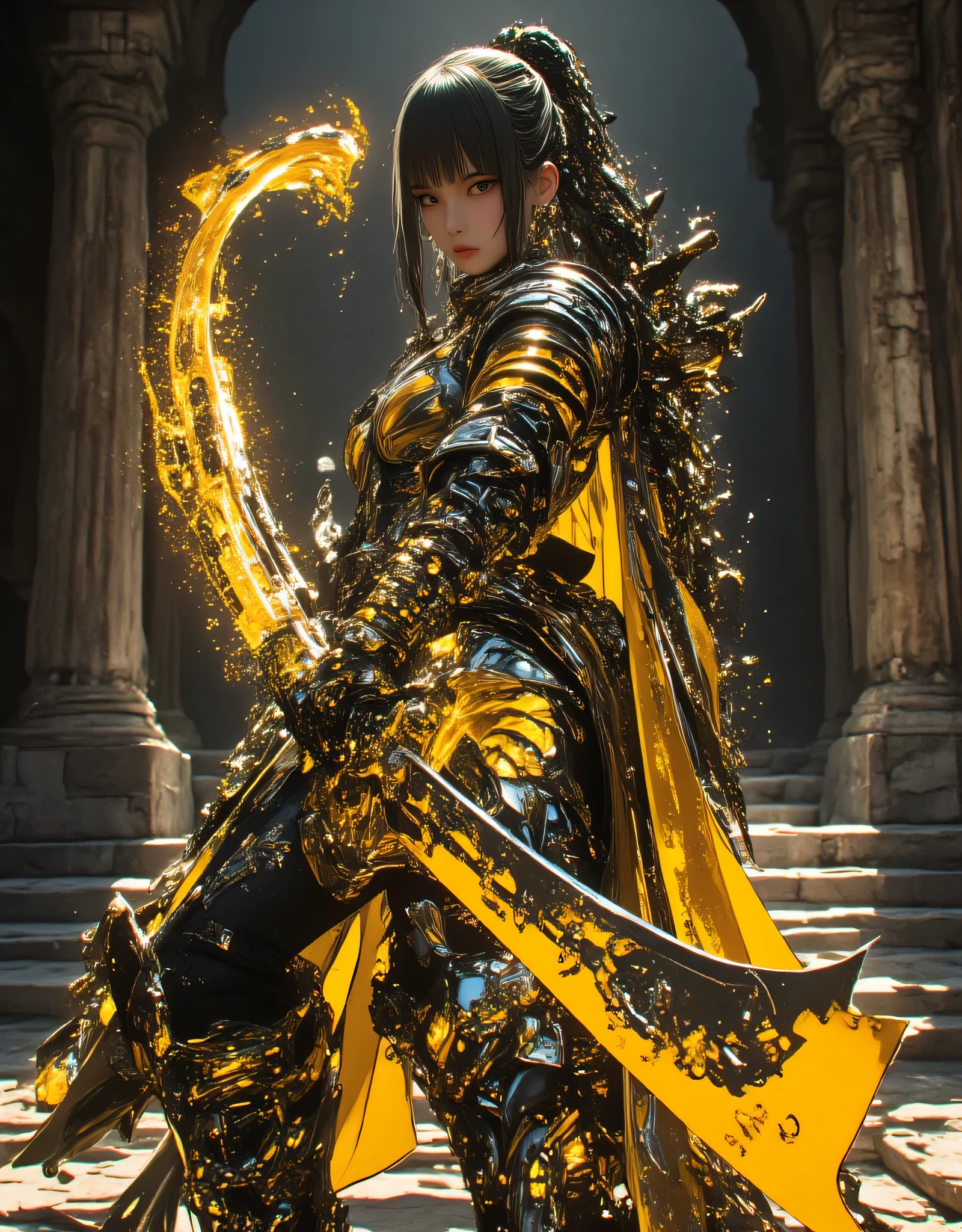 1girl, Japanese style, Giant dragon sword, attacking pose, cinematic composition, highly detailed facial features, intense battle expression, dramatic lighting, epic fantasy setting, dark moody atmosphere, ancient temple ruins background, glowing dragon energy, golden reflective armor, dynamic motion blur, masterpiece, 8K, photorealistic, HDR, studio lighting, ultra-fine painting, physically-based rendering, vibrant colors, dramatic contrast