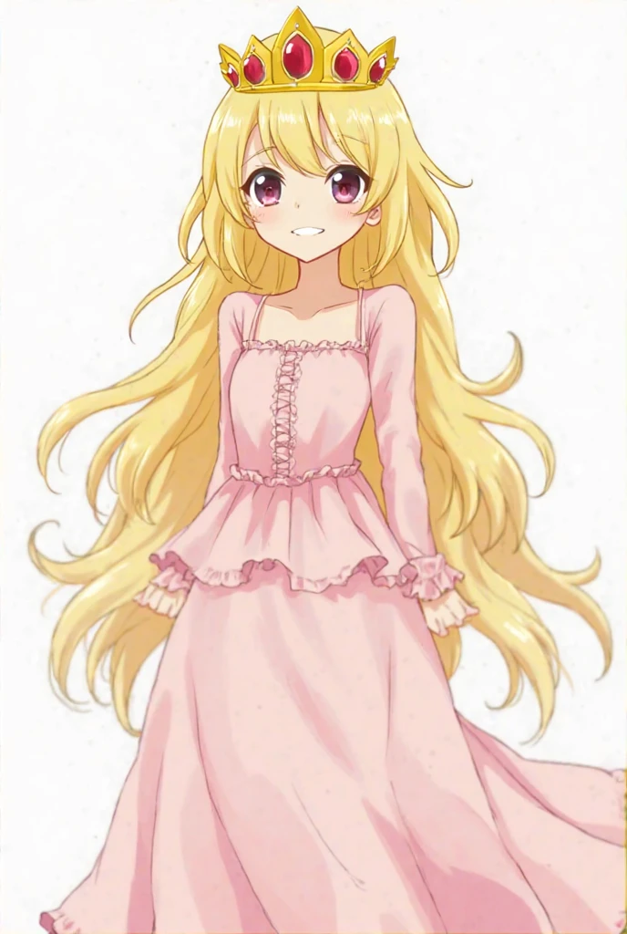 <lora:Elaine:1> Long blonde hair flowing, pale pink dress with short sleeves and a knee-length hem, arms extended gracefully, a slightly open-mouthed smile, bright golden eyes with thick lashes, fair complexion