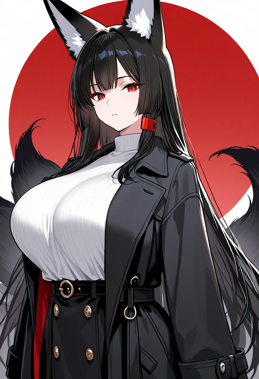 ((Highest quality)), Ultra-high resolution,Adult women, alone, sexy, (Stern face), (Red eyes), Beautiful face in every detail,(High resolution detail of human skin texture), (Black irregular long hair), Black coat,Suit pants,A mercenary woman,(have a gun in hand),Realistic:1.4,Realistic:1.4,Dark Warehouse,((masterpiece)),Perfect and detailed eyes,Waist up shot