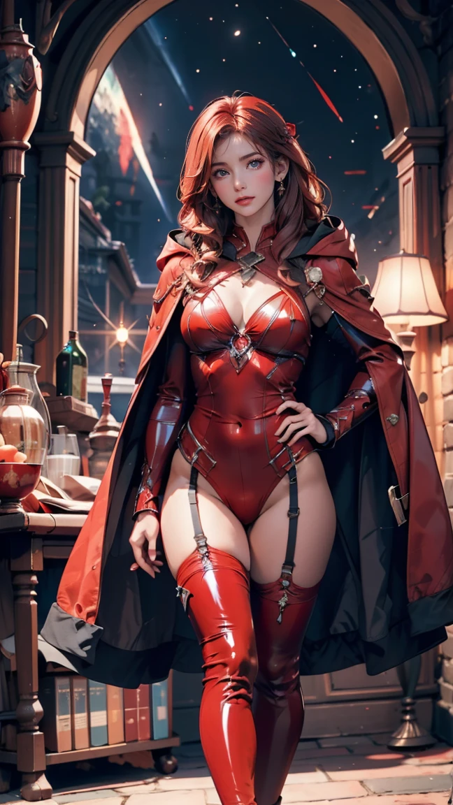 Depict Evelynn in her Blood Moon skin from League of Legends by Riot Games, wearing a red and black demonic outfit with intricate patterns, have massive k-cups, prowling through a blood moonlit shrine with an eerie atmosphere.