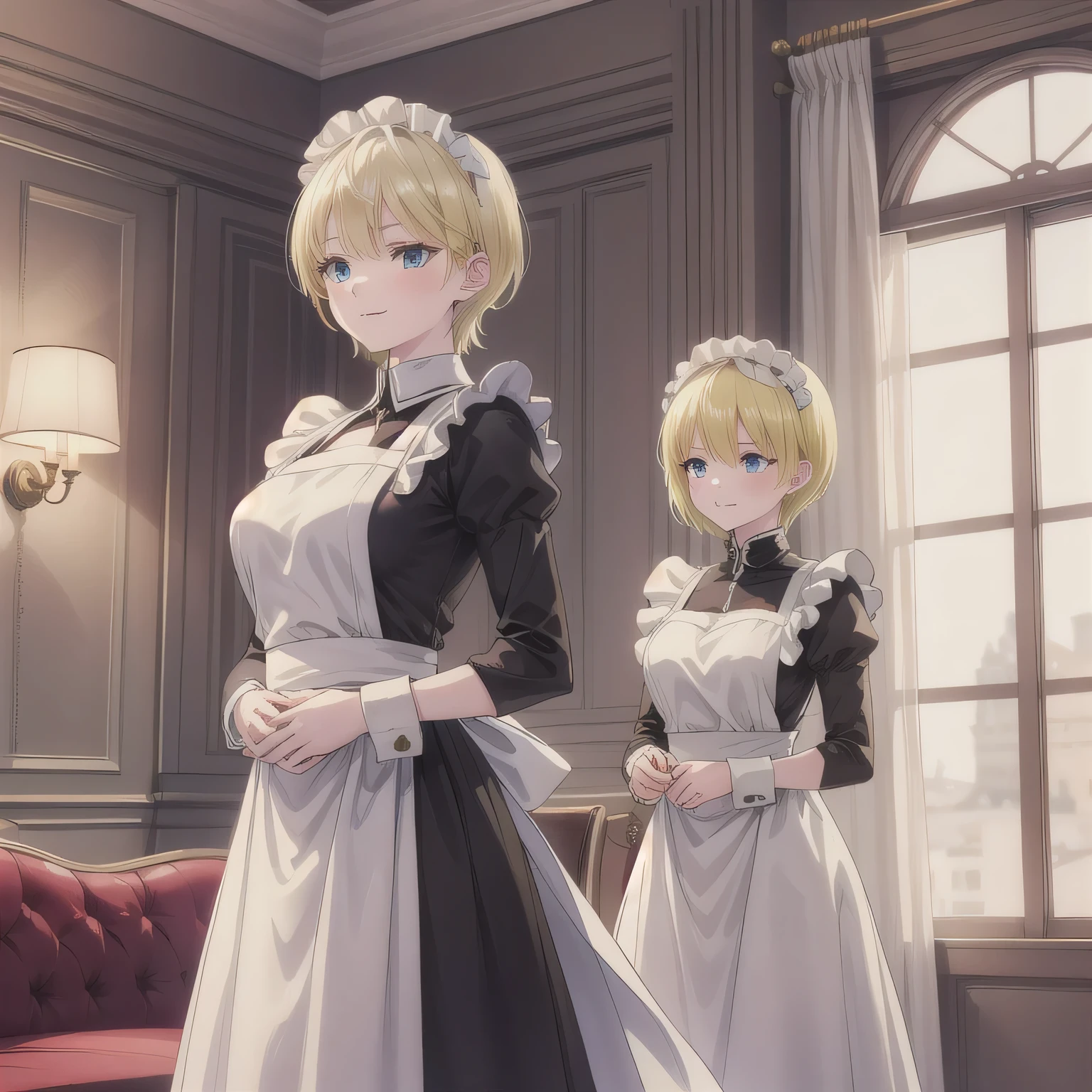 A breathtakingly beautiful 20-year-old woman stands in an opulent mansion room, dressed in a classic black-and-white maid outfit with a short hem and a white brim cap. Her confident smile radiates warmth. The room features elegant furnishings and decor befitting a grand estate, bathed in soft, natural lighting that enhances the sophisticated ambiance. Short hair, blonde hair, blue eyes.