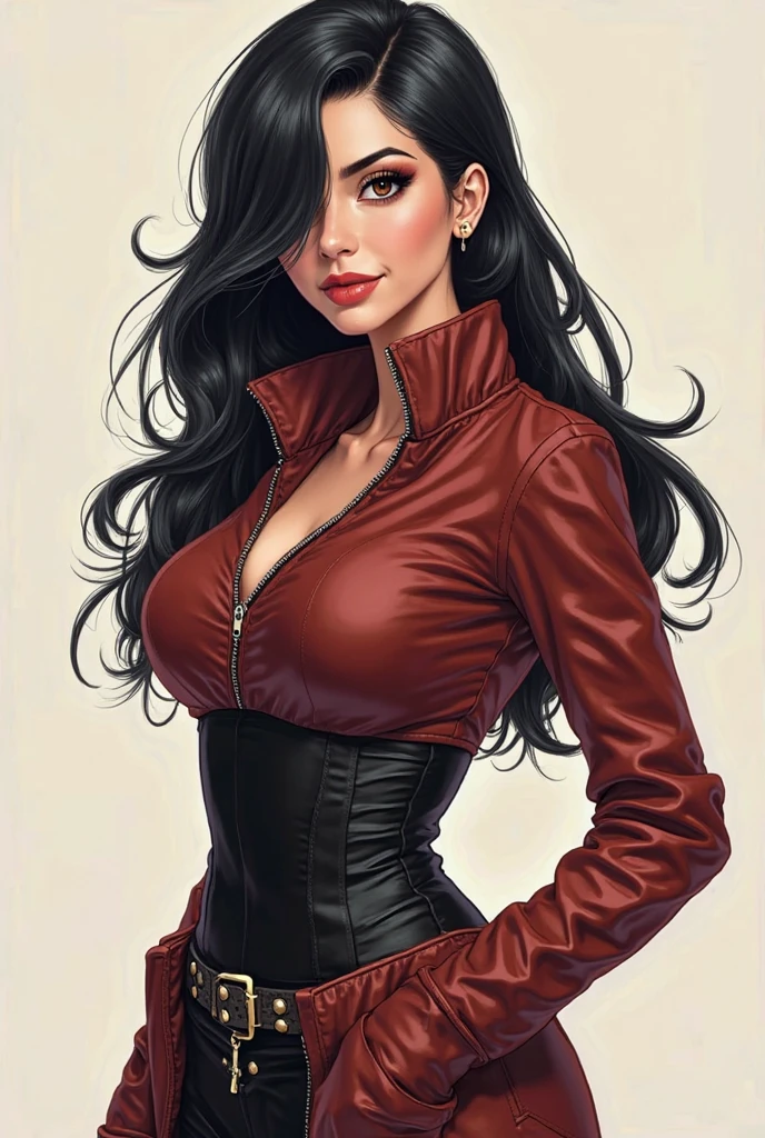 Caucasian Woman 20yo, model girl, large breasts, Red Leather Jacket, athletic build, dark wavy hair, black crop top, black high waisted shorts, expressive eyes with deep blue colour, Black Thigh-High Boots, Large hoop earrings and a black choker necklace, full body shot, plain white background