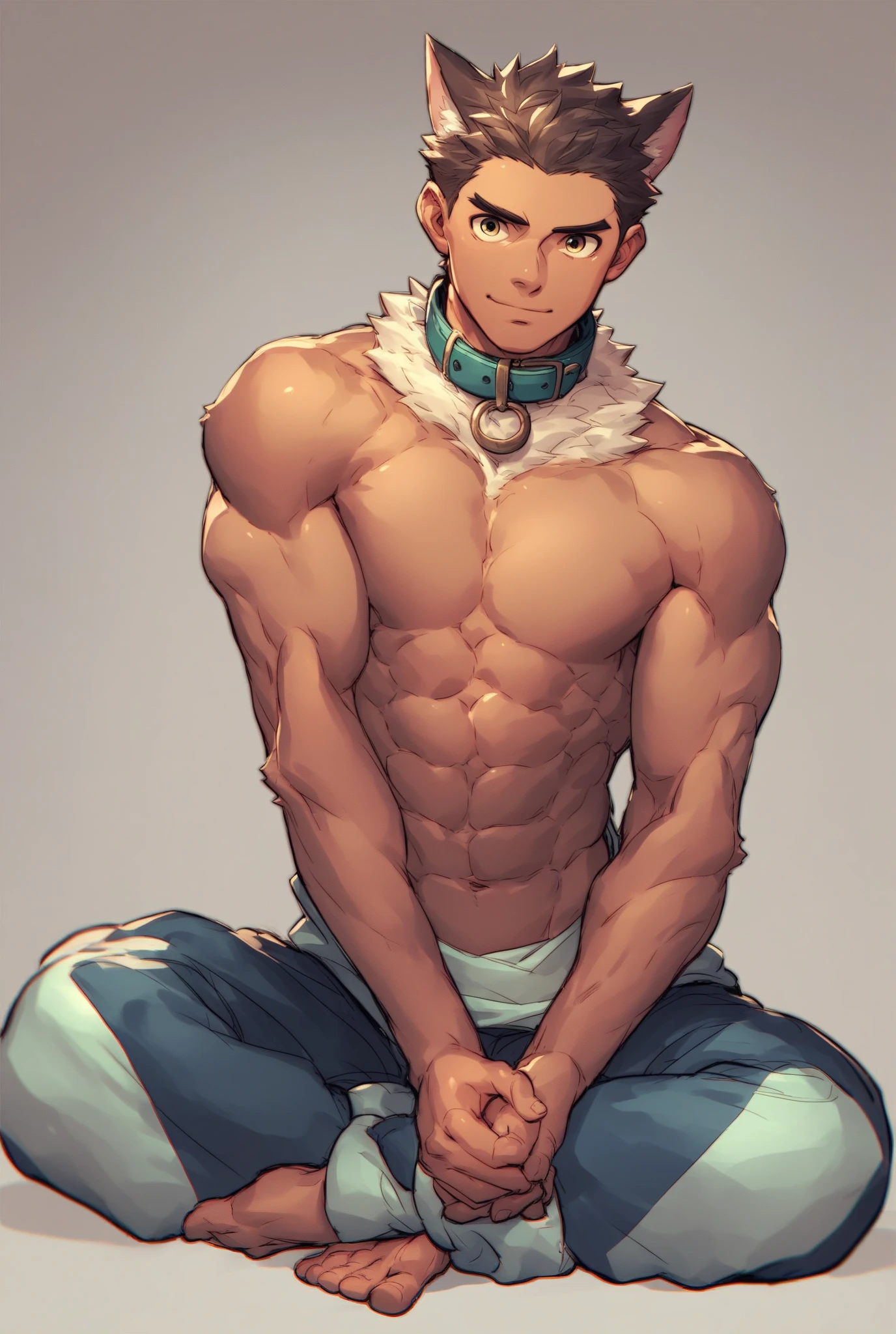 yan shu chi, green eyes, tail, (pose:1.3), (posing:1.3), (soft shading), 4k, hi res, five fingers, detailed hands, ((detailed face, (detailed eyes:1.0), detailed)), (full body), by zackarry911, by zaush, (by personalami:0.5), solo, looking at viewer, blush, 1boy, navel, sitting, closed mouth, underwear, nipples, male focus, sweat, shorts, stomach, abs, towel, topless male, white shorts, male underwear, towel around neck