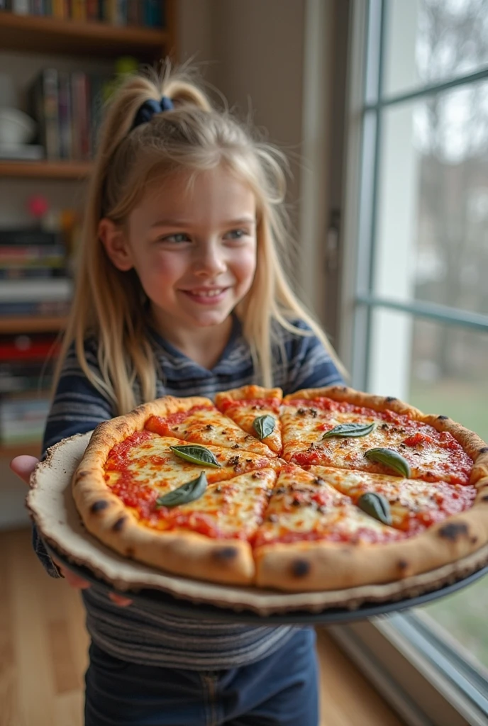 girl CHILD 10 years old, Russian blonde in braids, There are four pieces of PIZZA on a plate with a bowl of broccoli, PIZZA Schedule, Mini PIZZA , Como, Estilo Calude Monet, receita, #Micro, # Micro, misturar, alternate angle, Miami, medium tone, Hunting