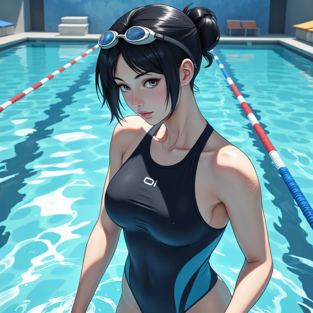 Immerse yourself in the world of competitive swimming with this captivating photo of a female athlete poised at the starting block. Her focused gaze and determined expression reveal her commitment to excellence as she prepares to dive into the water with unwavering resolve. (Captivating photo of a focused female swimmer), (Determined expression and commitment to excellence:1.2), (Poised at the starting block:1.3), (Diving with unwavering resolve:1.2), inspired by the thrill of competition,(((milf))),<lora:HayamiAyuko:0.9>