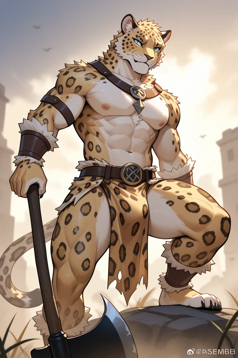 Furry art, white and light yellow tiger, full body, male, fancy clothing, hand paws, tail, blue poncho, belly on display, short brown pants, barefoot, innocent look, looking at the viewer, smile, smiling, comic art style, detailed fluffy fur, hairy body, 8K, dynamic lighting, cute, green background.