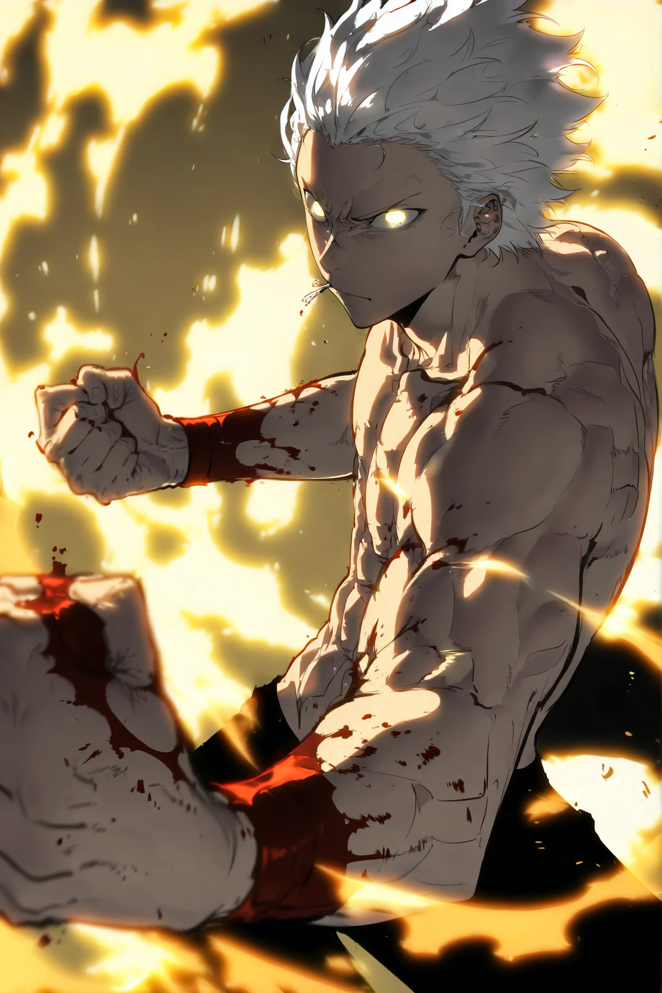 Handsome, Athletic, alone, male, Short spicky hair, long white hair, black yellow eye, no shirt, black pants, , intricate sketch, expressive eyes nose and mouth, Abs, simple pose, clench fist, martial art stance, blood on his fists , perfect Anatomy