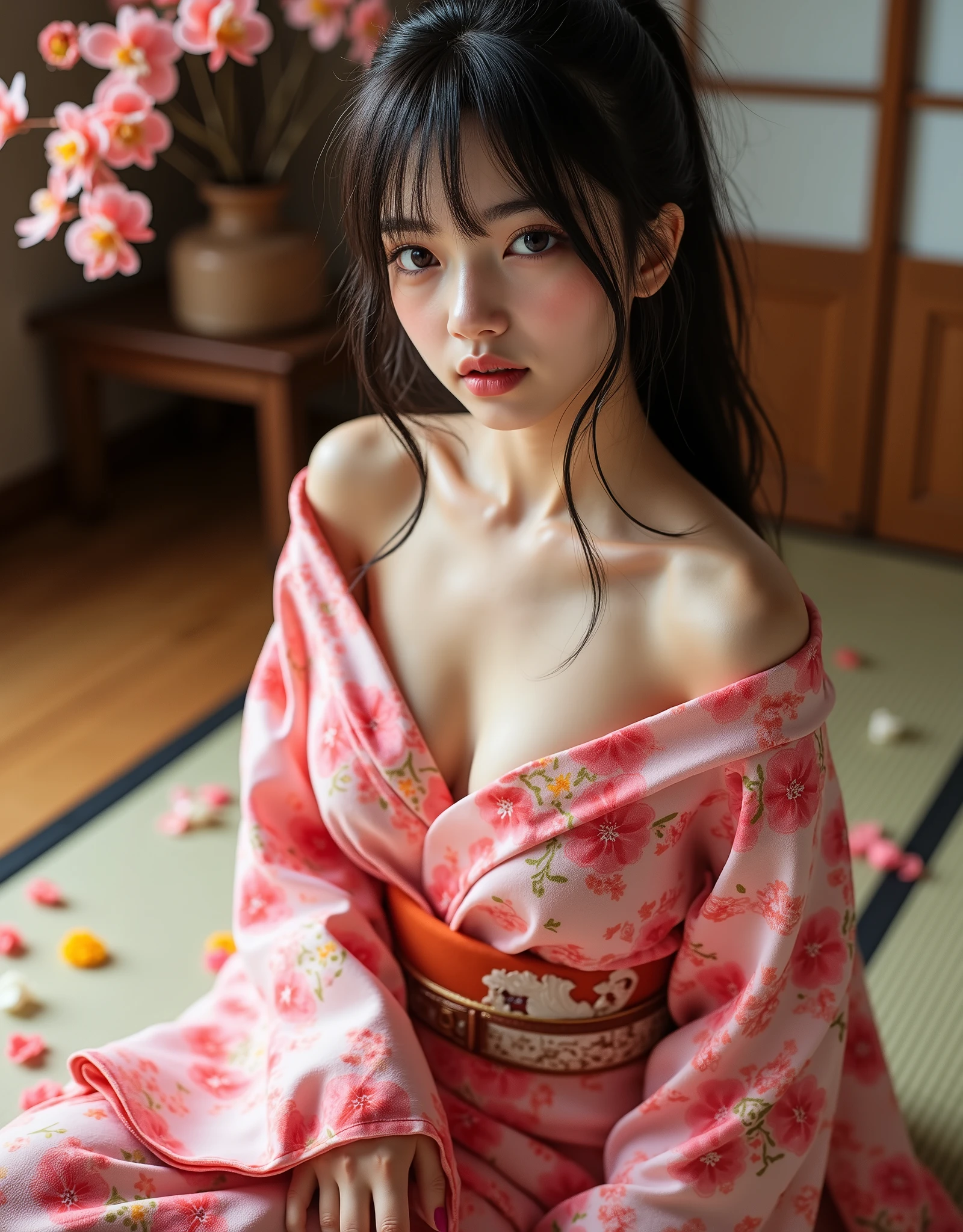 (Canon), (EOS R5), (50mm), (((photorealistic:1.5))), ( No Lens Flare :1.5), ((超high resolution)), (masterpiece), accurate, (realisticな質感の肌), Super Detail, High Detail, High Quality , winning work, 最High Quality, 32K, depth of field,  digital camera, Award-Winning Photos , (Professional bright lighting), ((最High Quality:1.5)), ((masterpiece:1.5)), ((realistic)), high resolution, (とても美しくて可愛い1 personの日本人女性), ((Upper body shot seen obliquely from the front :1.5)), (( upper body shot from head to knee  :1.5)), ((( upper body shot with a beautiful and cute floral pattern with an orchid-like design :1.8))), ((half naked Japanese woman in a Japanese kimono)), ((Shot in an old Japanese-style house in Japan )), ((sitting on a beautiful tatami mat in a luxurious Japanese-style room:1.5)), ((( showing cleavage between the lattice-shaped shoji and floor :1.8))), ((( wearing only Japanese kimonos , no underwear,  no shoulder straps , Semi-nude:1.8))), ((( no shoulder straps :1.5))), (((no underwear:1.5))), (((The front of the kimono is wide open to show the cleavage between the shoulders and bust:1.8))), (1 person), ((Beautiful and cute,  18 year old Japanese)), ((very cute high school girl who feels young)), ( beautiful black hair ponytail), Very beautiful and sexy, charming beauty, seductive pose, height 160cm, slim figure, Beautifully shaped bust , d cup, (((A very cute, cheerful smile:1.8))), (alone:1.5), (brown eyes:1.9), ( Detailed depiction of extremely realistic skin ), (Highly detailed, realistic eyes:1.9), ( extremely beautiful long realistic eyelashes ), (Highly detailed, realistic eyebrows), (丸いbrown eyes :1.8), ( beautiful catchlight on the eyes), (Realistic lips with moisture ), (White Realistic Teeth Arrayed Neatly), ( Beautiful and Detailed Face :1.6), (hourglass figure:1.6), (Wasp waist :1.5), (Perfectly round and beautifully shaped breasts:1.8), ( clearly contoured cheekbones  :1.5), (perfectly shaped body :1.8), (Healthy body :1.8), (Narrow shoulders:1.9), (staring at the viewer), (mesmerizing gaze), (Beautiful, natural-looking hands), (beautiful pink nails with a beautiful length), (( show your hands as little as possible )), ( very cute smile:1.1), (Waist, I can see my stomach:1.4), Intricate and detailed,  colorful depiction , (( Pink Japanese kimono with a beautiful and cute floral pattern designed like an orchid:1.5)), ((The kimono is wide and the shoulders and chest are quite exposed:1.3)), (((off shoulder:1.8))), (( Beautiful pink Japanese kimono with a beautiful floral pattern )), ((Kimono with a flower pattern on pink fabric )), ((I can&#39;t show my feet)), Flower Hairpin, (I can see ikebana on Japanese-style furniture behind),  extremely sexy sensual body ,  Sexy girl, like々Sensual Elegance, sexy body, sexy looks,  sitting on tatami mats in a luxurious Japanese-style room , Shot taken from an oblique front , (Beautiful pink, yellow, and white petals are scattered on tatami mats), (Japanese-style temari rolling ), Japanese style hairpin,  Japanese Style Hair Ornament, A gentle-looking face, thin waist, (sitting on tatami mat in a gorgeous Japanese-style room), blur background, Illuminate the face, dynamic pose, beautiful body line , Beautiful, realistic skin , Art Photography, beautiful soft writing, ( color temperature 5500K )