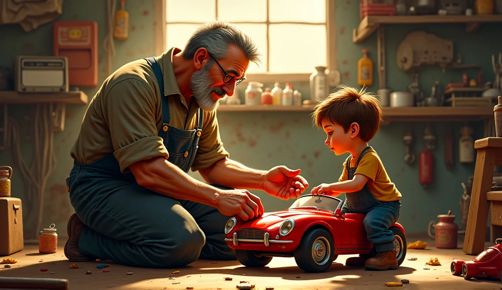 (little boy and old man:1.2), toy. play together.side by side.sitting.bright and cheerful smile.heart.game.heart-warming atmosphere.train toy.masterpiece,high quality