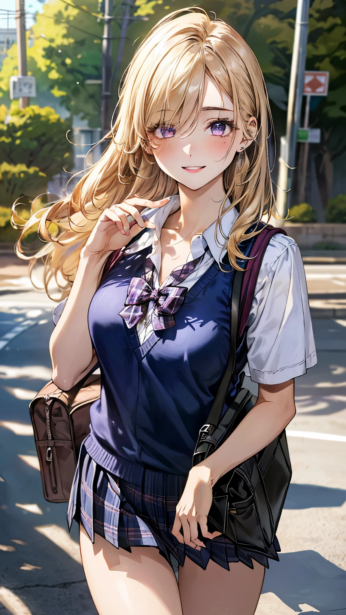 (masterpiece:1.3, top-quality, ultra high res, ultra detailed), (realistic, photorealistic:1.4), beautiful illustration, perfect lighting, natural lighting, colorful, depth of fields, ,
beautiful detailed hair, beautiful detailed face, beautiful detailed eyes, beautiful clavicle, beautiful body, beautiful chest, beautiful thigh, beautiful legs, beautiful fingers, shiny skin, 
looking at viewer, 1 girl, high school girl, (perfect anatomy, anatomically correct, super detailed skin), cute and symmetrical face, babyface, perfect face, perfect eyes, , 
(long hair:1.4, twin tails:1.2, blonde hair), swept bangs, hair between eyes:0.6, blue eyes, big eyes, long eye lasher, (medium breasts, seductive thighs), slender, skin dendation, 
detailed cloth texture, break, (white collared shirt), break, (dark red tie), break, (light blue pleated skirt:1.2), break, 
(beautiful scenery), summer, evening, (cityscape:1.2), standing, hands on chest, (lovely smile, upper eyes, parted lips), 