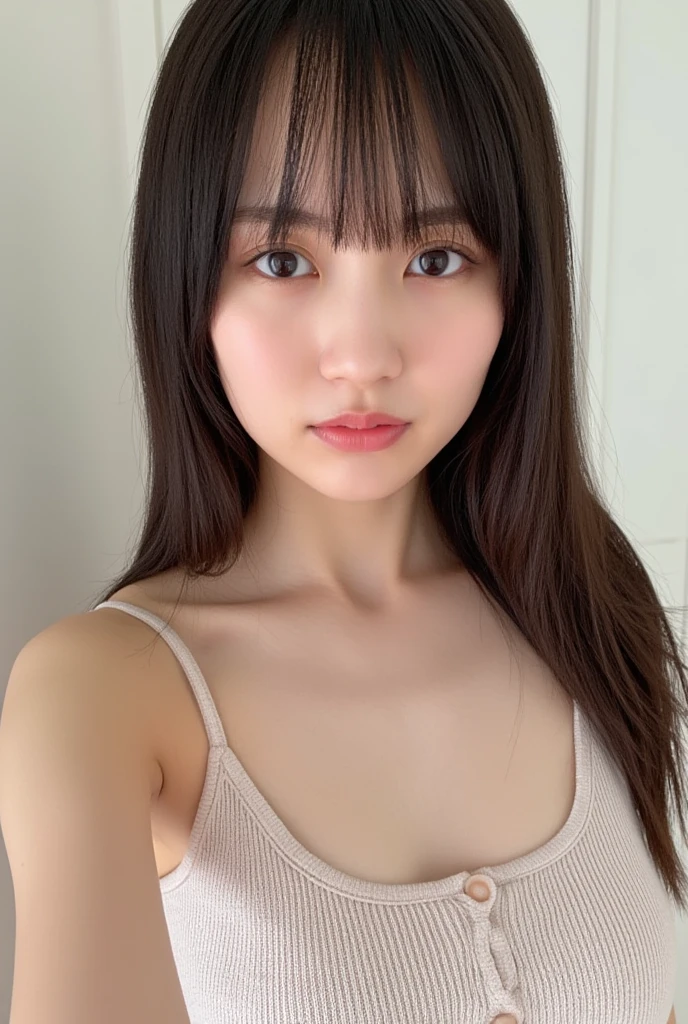 A realistic selfie of a very cute and busty Japanese high school girl in her room wearing a white tank top,Highest quality, Ultra-high resolution