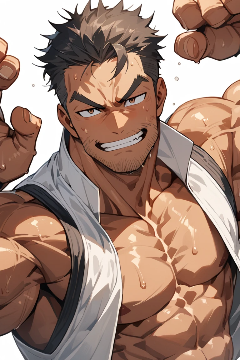 John is a twenty-year-old young man, broad-shouldered, with tanned skin, tousled black hair, red eyes. With a predatory smile